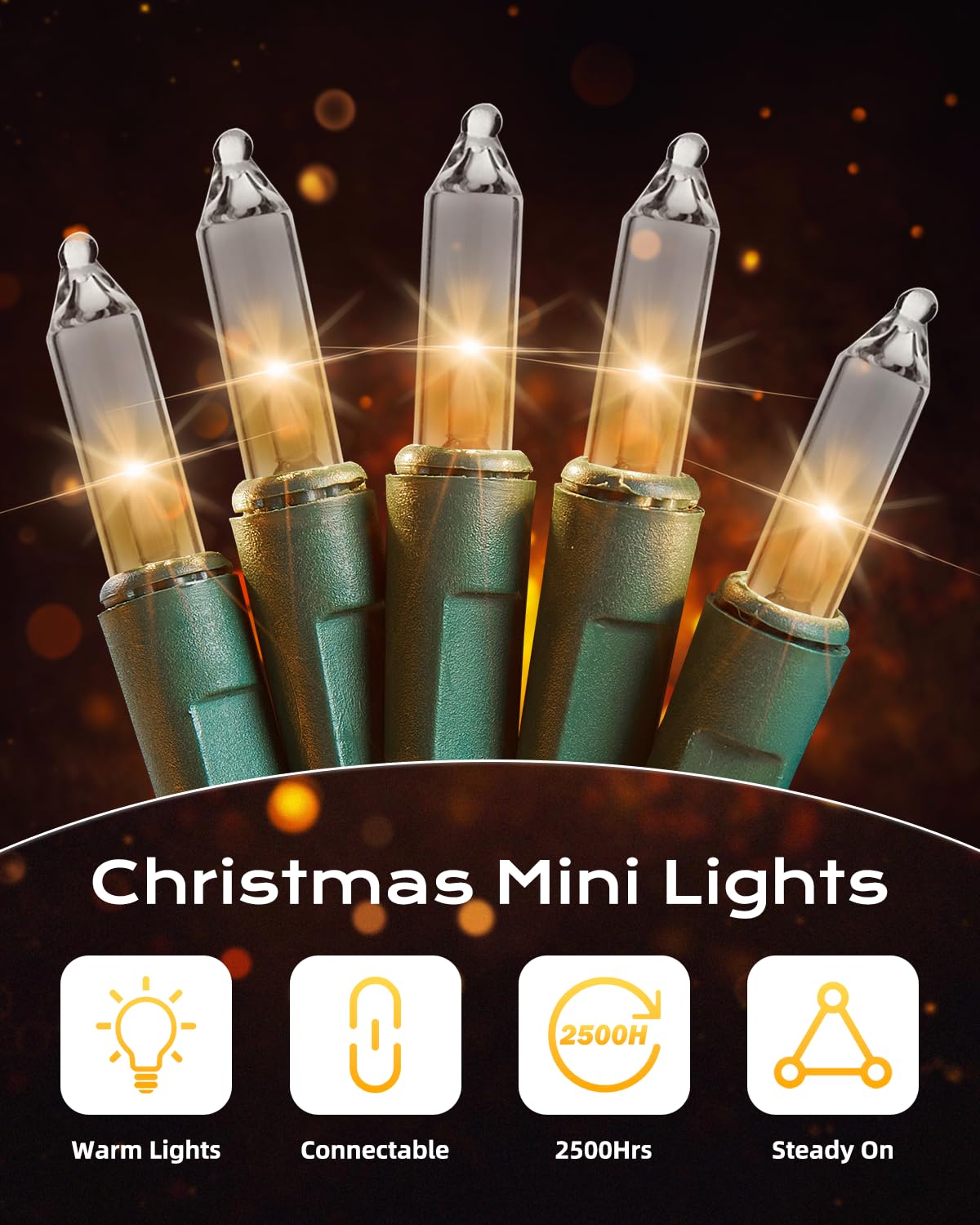 Brightown Clear Christmas String Lights  100-Count 25Ft Incandescent Bulb Mini Lights For Indoor Holiday Decor  Christmas Tree Garland Wedding Party Multi-Use Festival Decoration  Green Wire