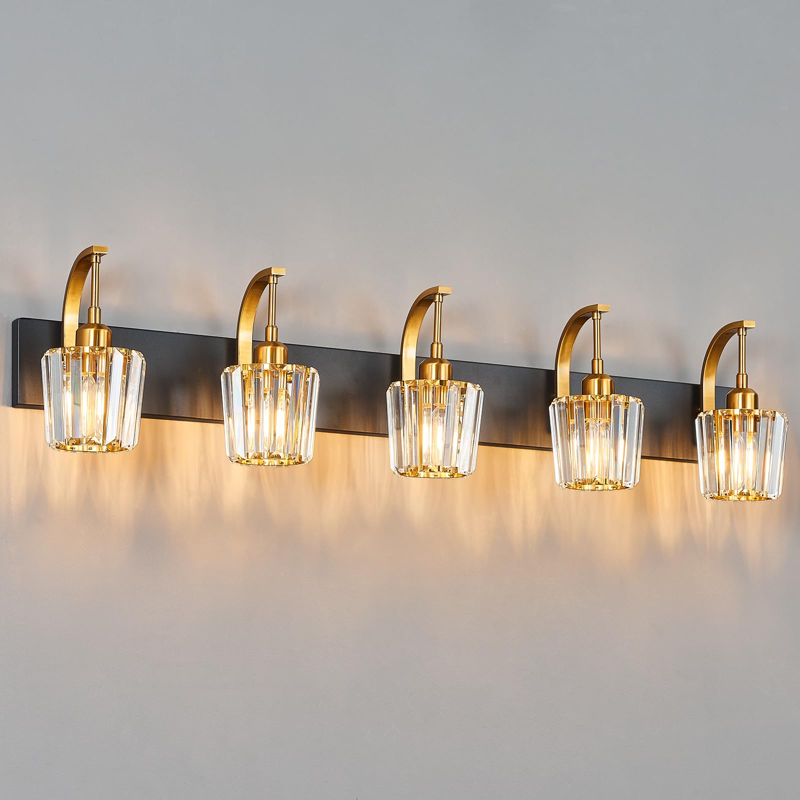 Fdpby Modern Bathroom Vanity Light  5-Light Black Gold Wall Sconce With Crystal Accents  Over Mirror Bathroom Lighting Fixture  42.52 Long Dimmable Vanity Lamp For Makeup  Easy Installation
