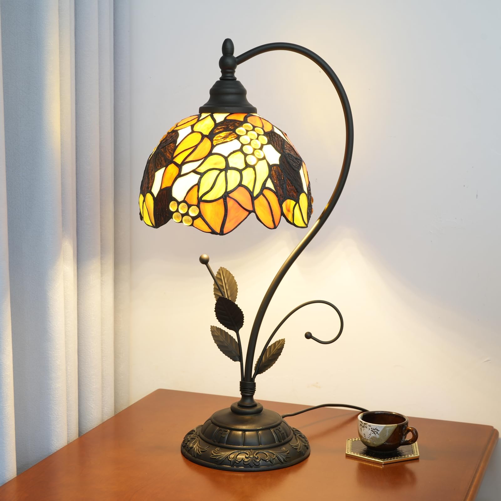 Blivuself Tiffany Table Lamp Orange Grapes Leaves Stained Glass Lamp Tiffany Style S Leaves Vintage Desk Light for Bedside Living Room Office Dormitory Dining Room