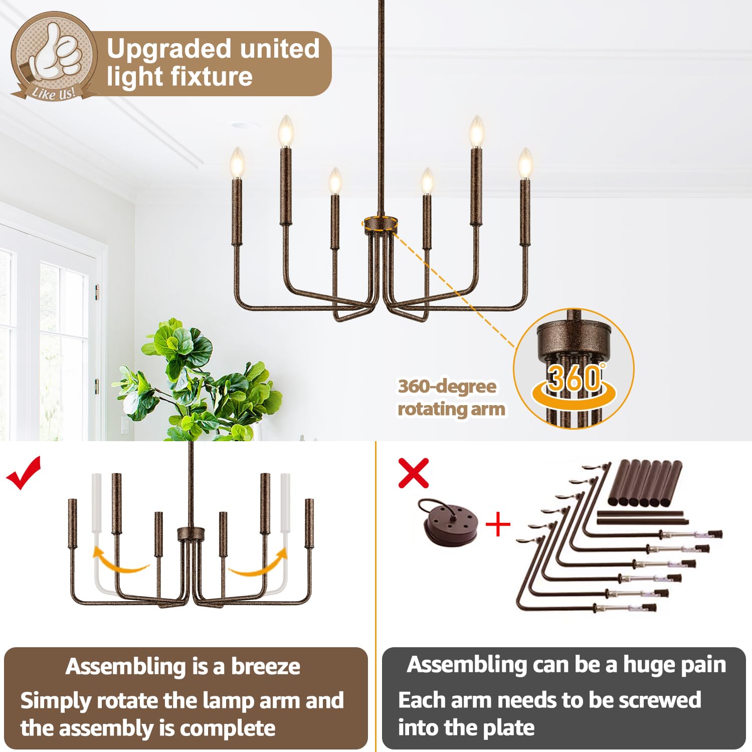 Rustic Brown Chandelier, 6-Light Antique Farmhouse Chandelier For Dining Room Lighting Fixtures, Vintage Candle Pendant Light Fi