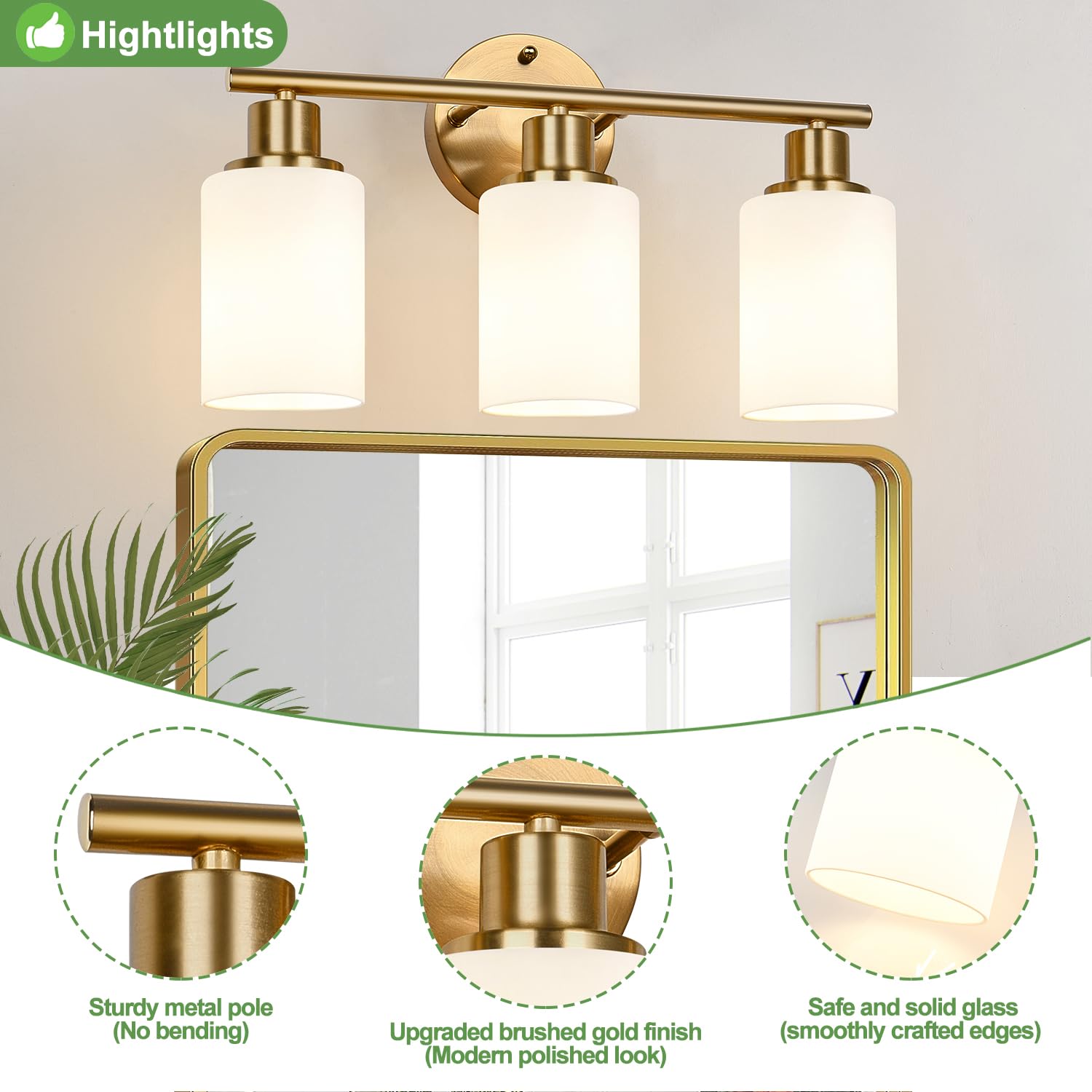 Zarbitta 3-Light Bathroom Light Fixtures, Brushed Gold Vanity Light, Farmhouse Wall Lights With Milky White Frosted Glass Shades