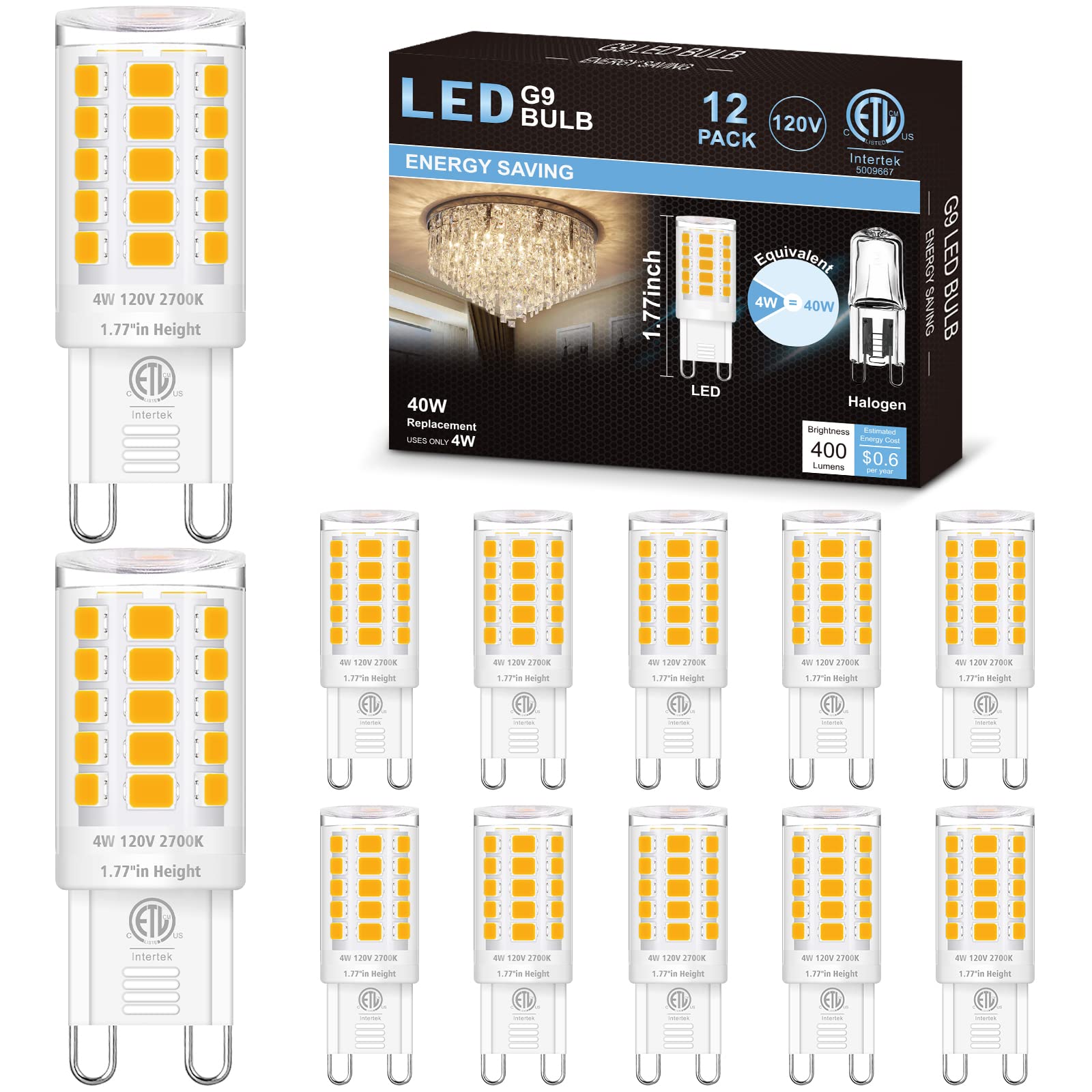 Hansang 12 Pack G9 Led Bulb 2700K Soft Warm White, 4W 40 Watt Halogen Equivalent G9 Light Bulbs, Height 1.77 Inch Short T4 G9 Bi