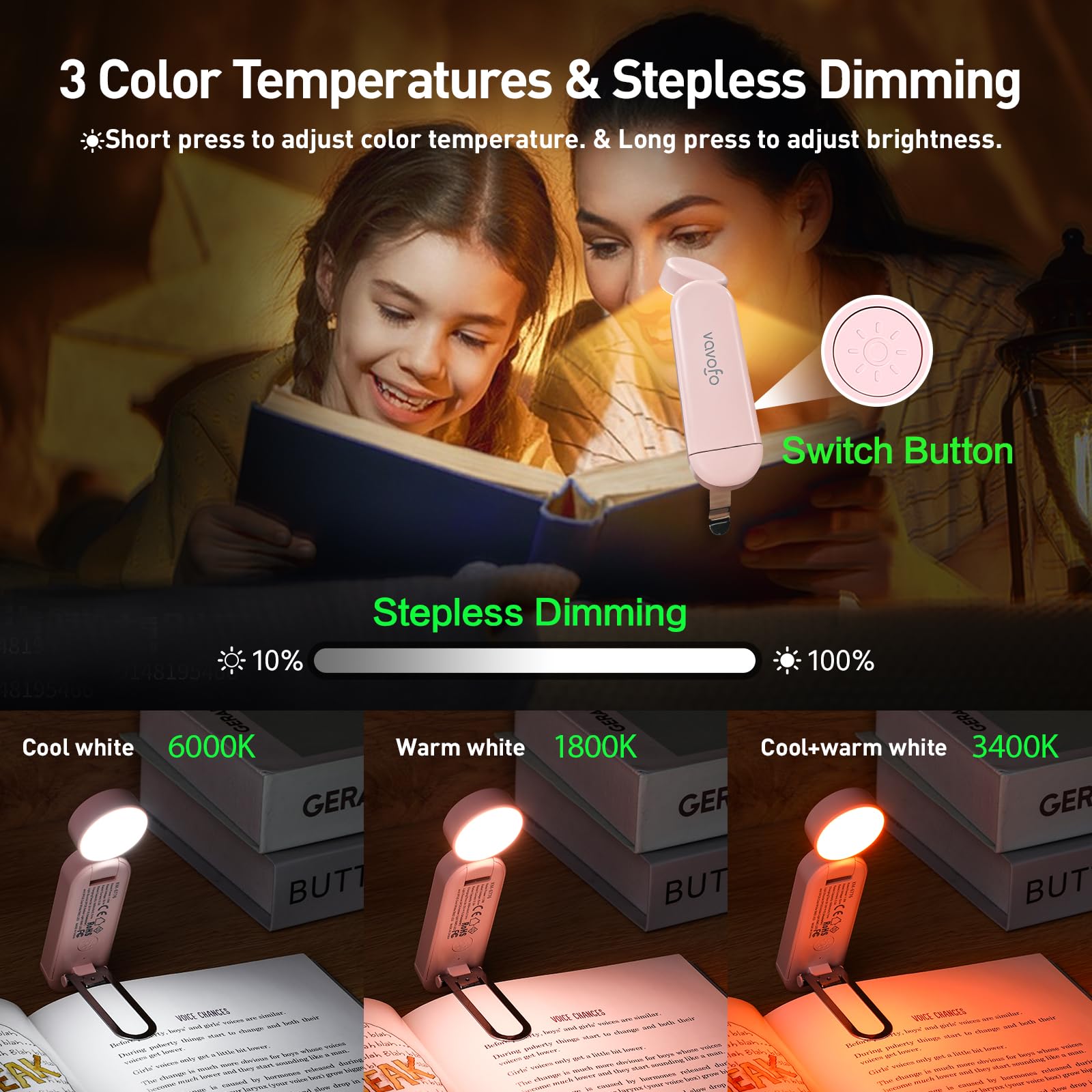 Vavofo Usb Rechargeable Book Light, Blue Light Blocking, Amber Light Clip On Bookmark Shaped Reading Light, Eye Care 6 Leds Book Light For Bookworms Reading In Bed With 9 Lighting Modes (Light Pink)