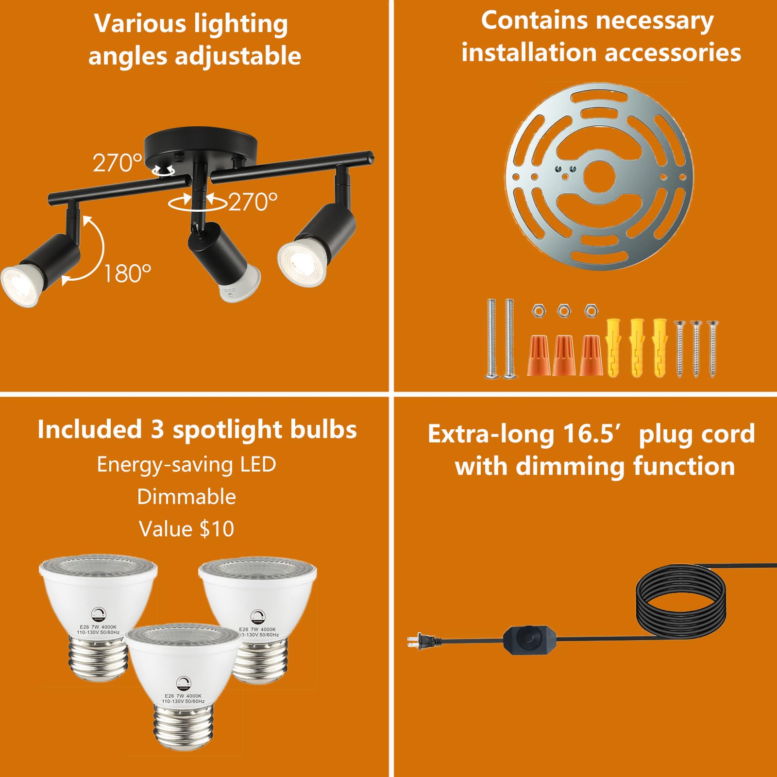 Vivihobb Dimmable Plug In Track Light Black 3 Light Plug In Ceiling Lighting Fixture With 16.4 Long Cord 4 Way Ceiling Spotlight Rotatable Wall Mount Light Head Led Dimmable Spot Bulbs Included
