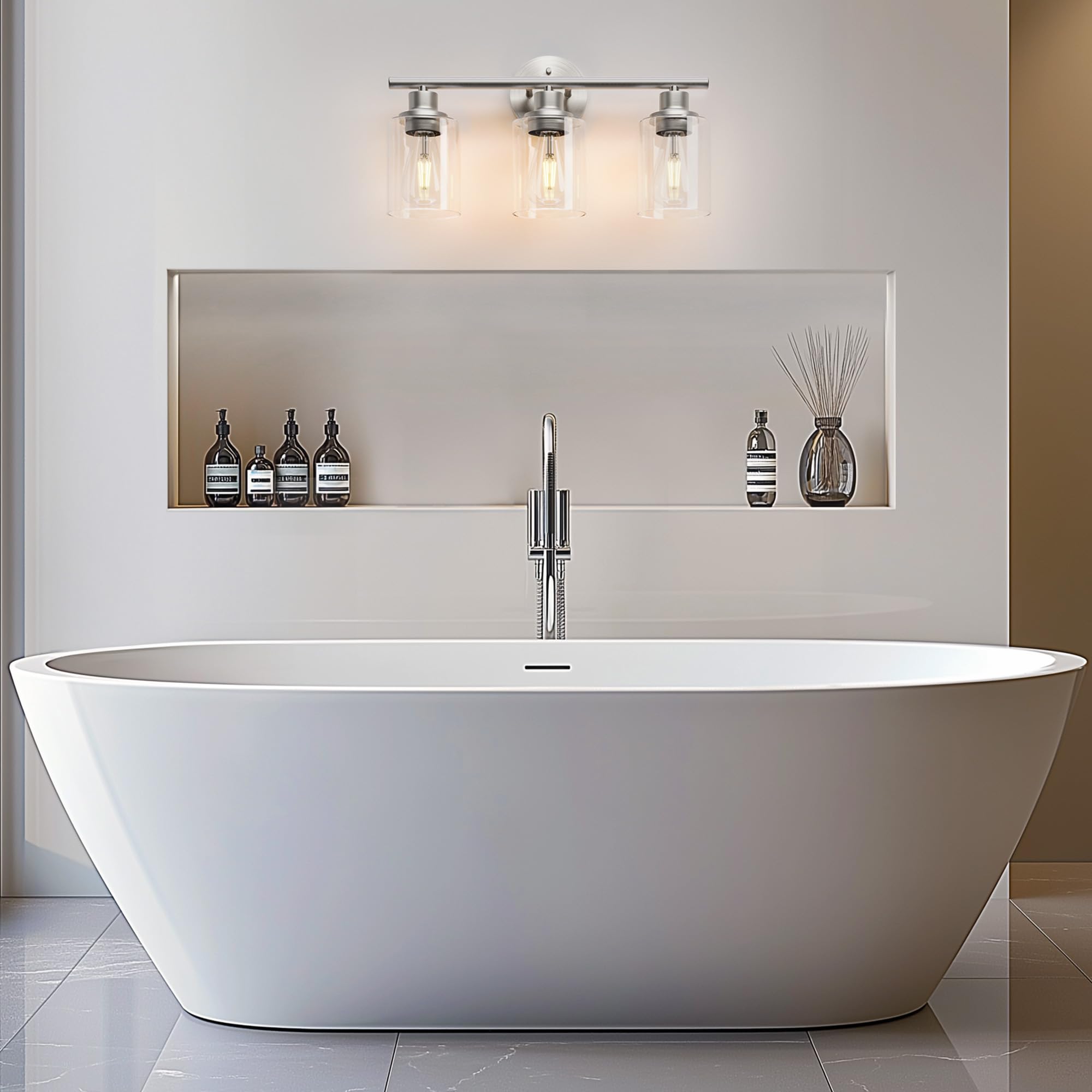 Weyderk Brush Nickel Bathroom Vanity Light - 3 Light Bathroom Light Fixture With Clear Glass Shades, Ul Certification & E26 Base, Brush Nickel Bathroom Vanity Lights Over Mirror For Bathroom