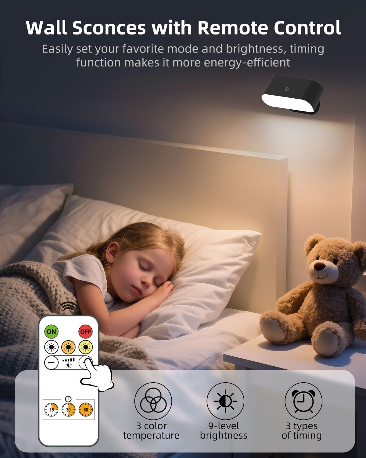 Amagle Battery Operated Wall Sconce Set of 2, Rechargeable LED Lights with Remote, Dimmable, Black, Model CX02-2