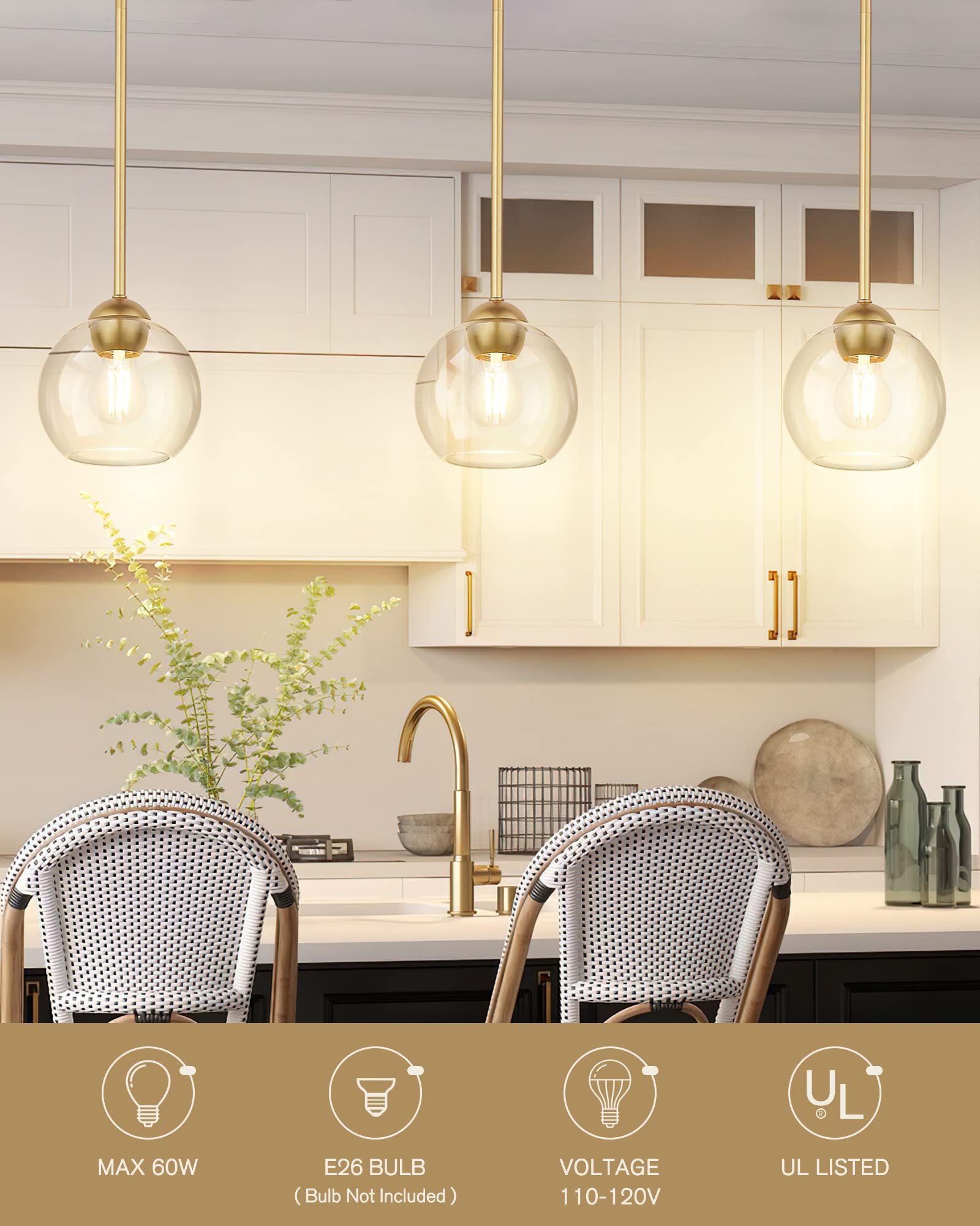 Emak Modern Gold Pendant Light Fixtures, 7 Inch Globe Pendant Lights With Clear Glass, 1 Light Hanging Lights For For Kitchen Island, Bathroom, Dining Room, Bedroom, Hallway, 2 Pack, Pl119-Gd-2Pk