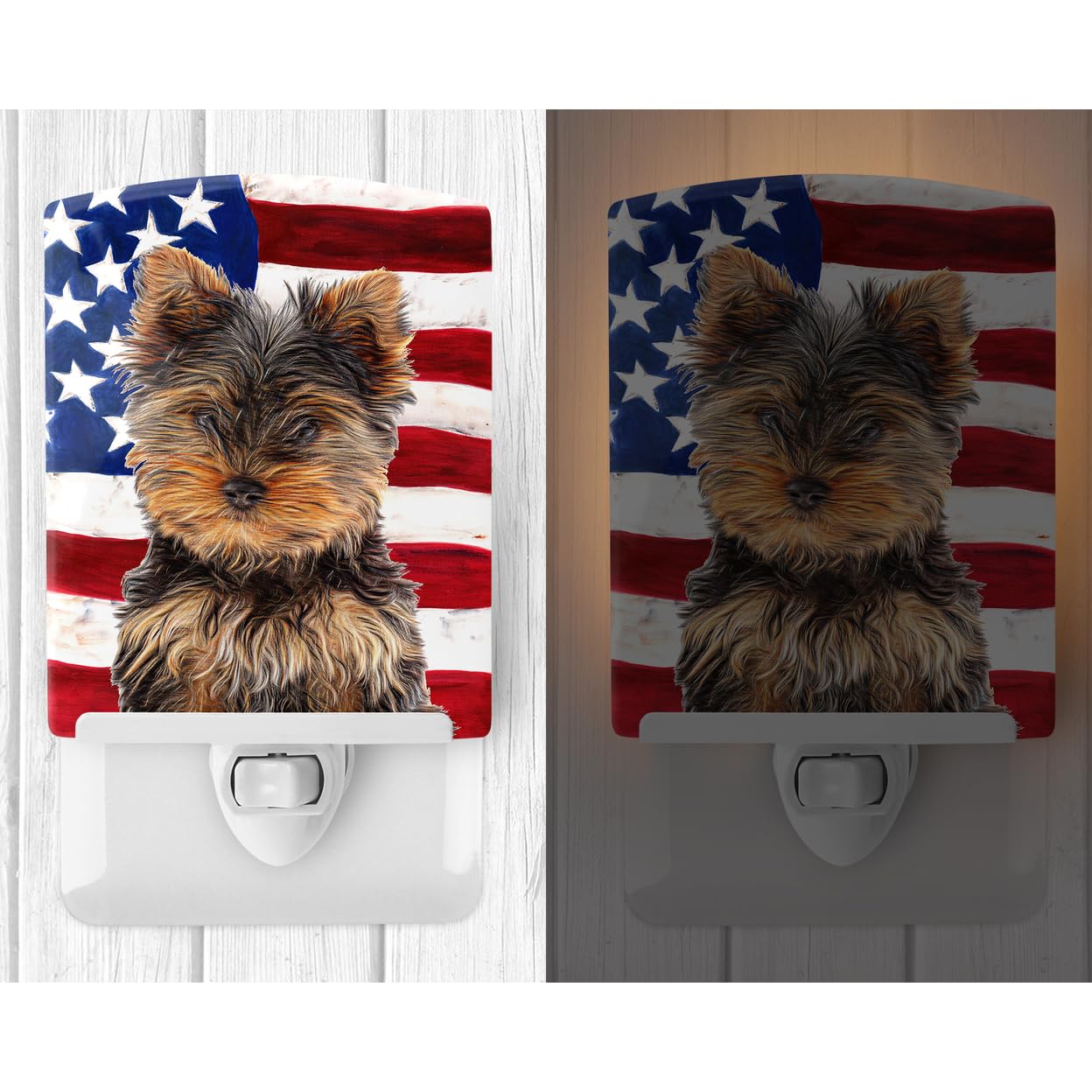 Carolines Treasures Ceramic Night Light, USA American Flag with Yorkie Puppy, 6x4x3in, Multicolor, Model KJ1160CNL
