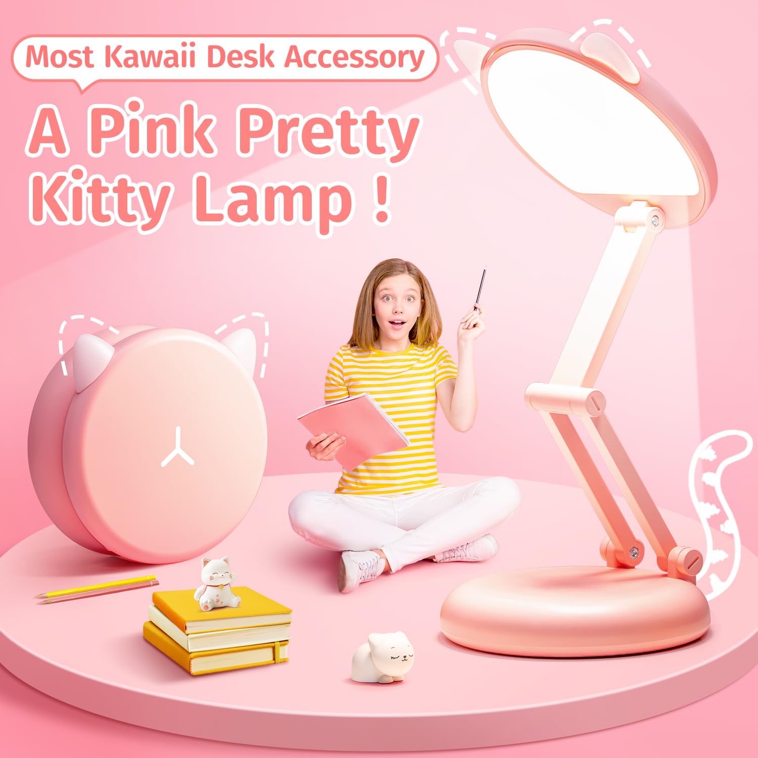 PIKOY Small Desk Lamp Rechargeable 3600mAh 10 Brightness Portable Pink WH-C17