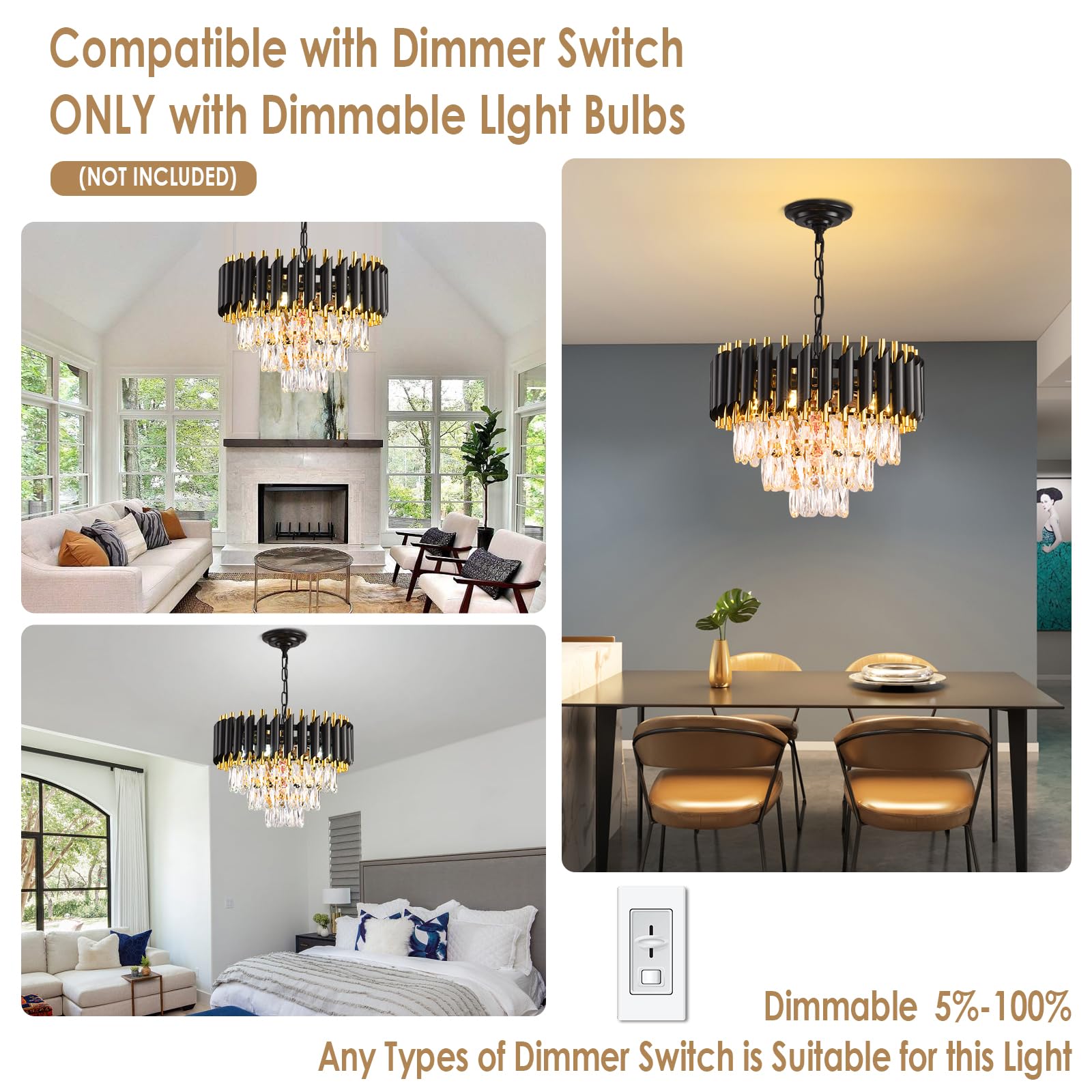 Modern Crystal Chandelier Black And Gold Chandelier 3-Tier Round Chandeliers Pendant Ceiling Light Fixture Flush Mount Chandelie