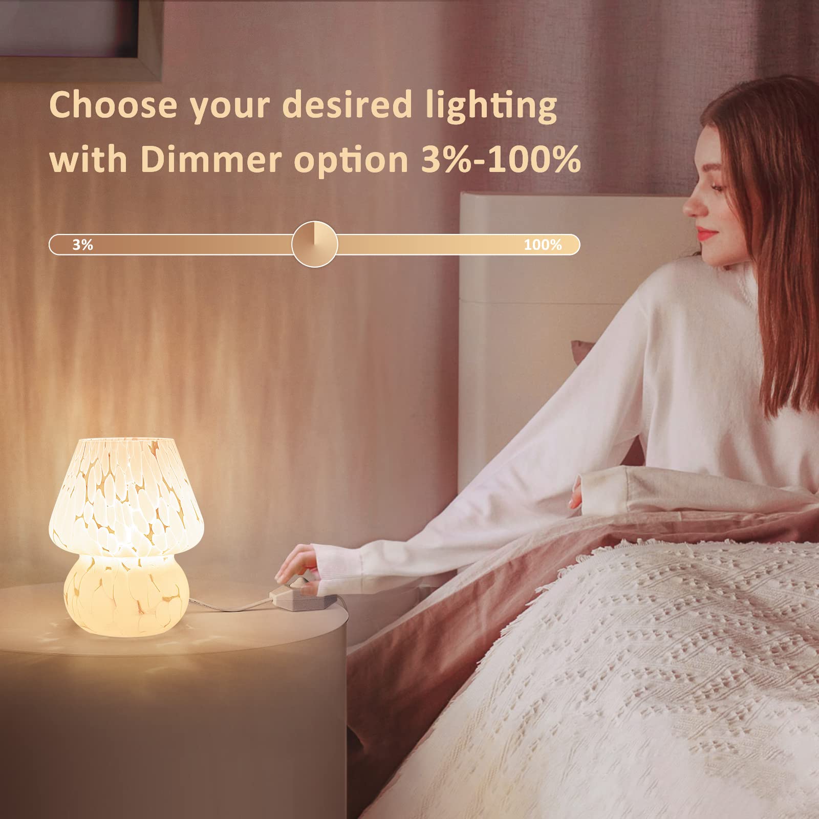 Onewish Cute Mushroom Lamp Small Bedside Table Lamp Set Of 2 Stepless Dimmable, Translucent Glass White Nightstand Lamp For Bedr