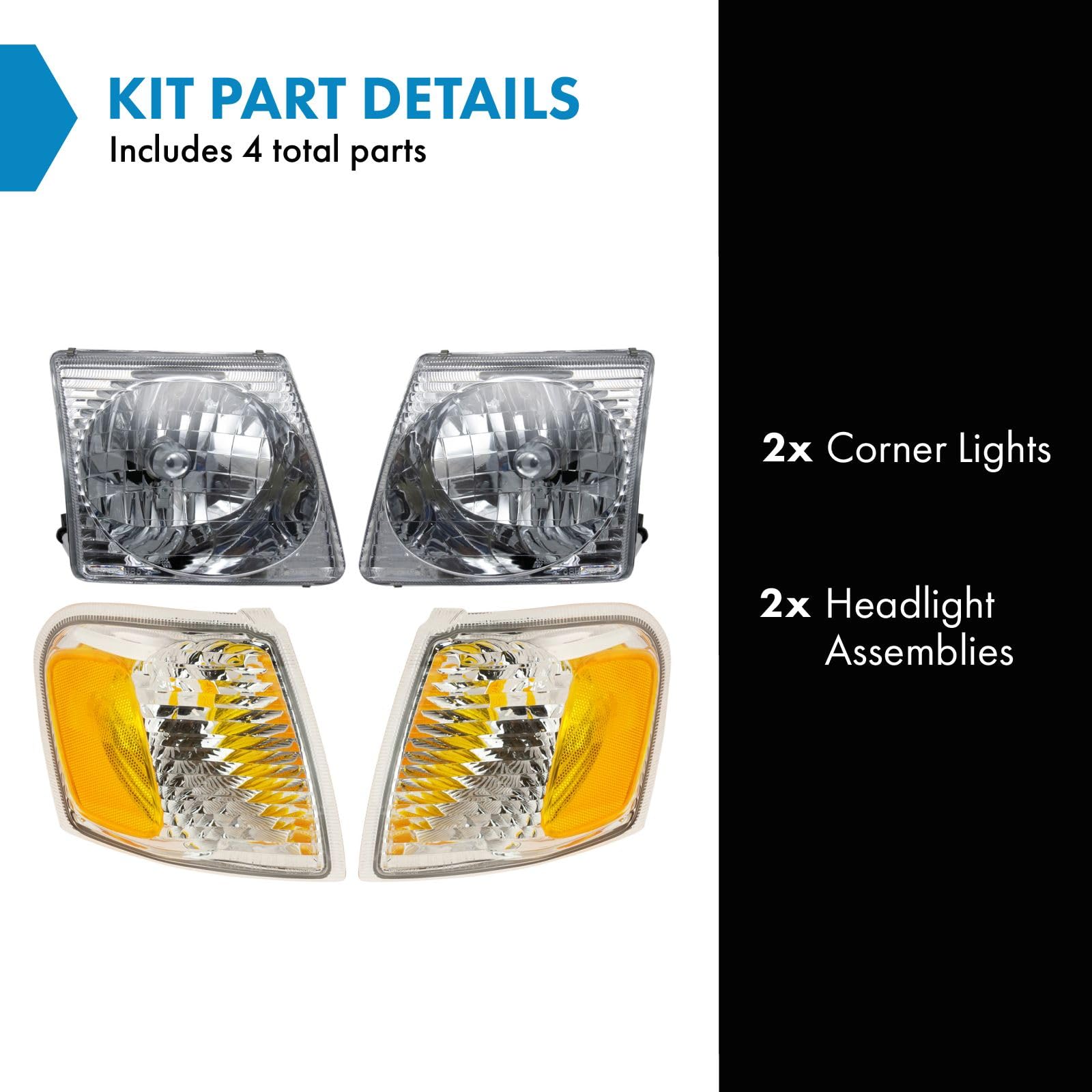 TRQ Headlight Assembly Set for 2001-2003 Ford Explorer Sport, 2001-2005 Explorer Sport Trac, Yellow, Model LKA55924