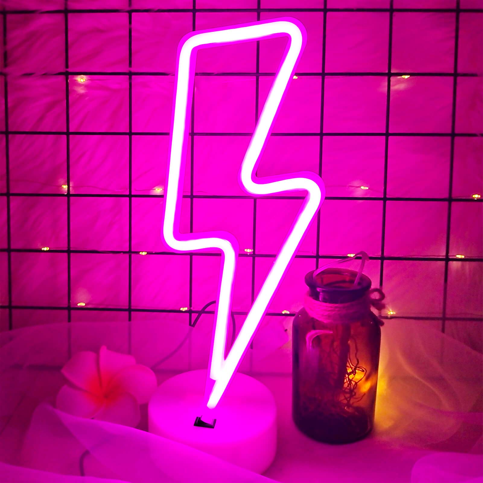 VIFULIN Neon Lightning Bolt Sign Light, Pink LED Room Decor, Battery/USB Operated