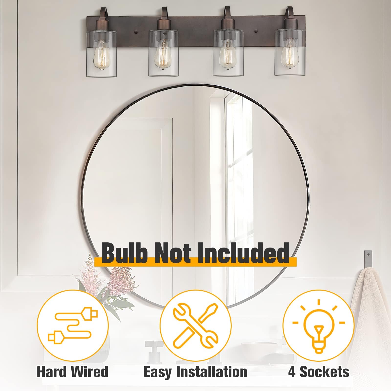Emliviar 4-Light Bathroom Vanity Light, Oil Rubbed Bronze, Clear Glass, Model YCE237B-4W ORB, Farmhouse Style