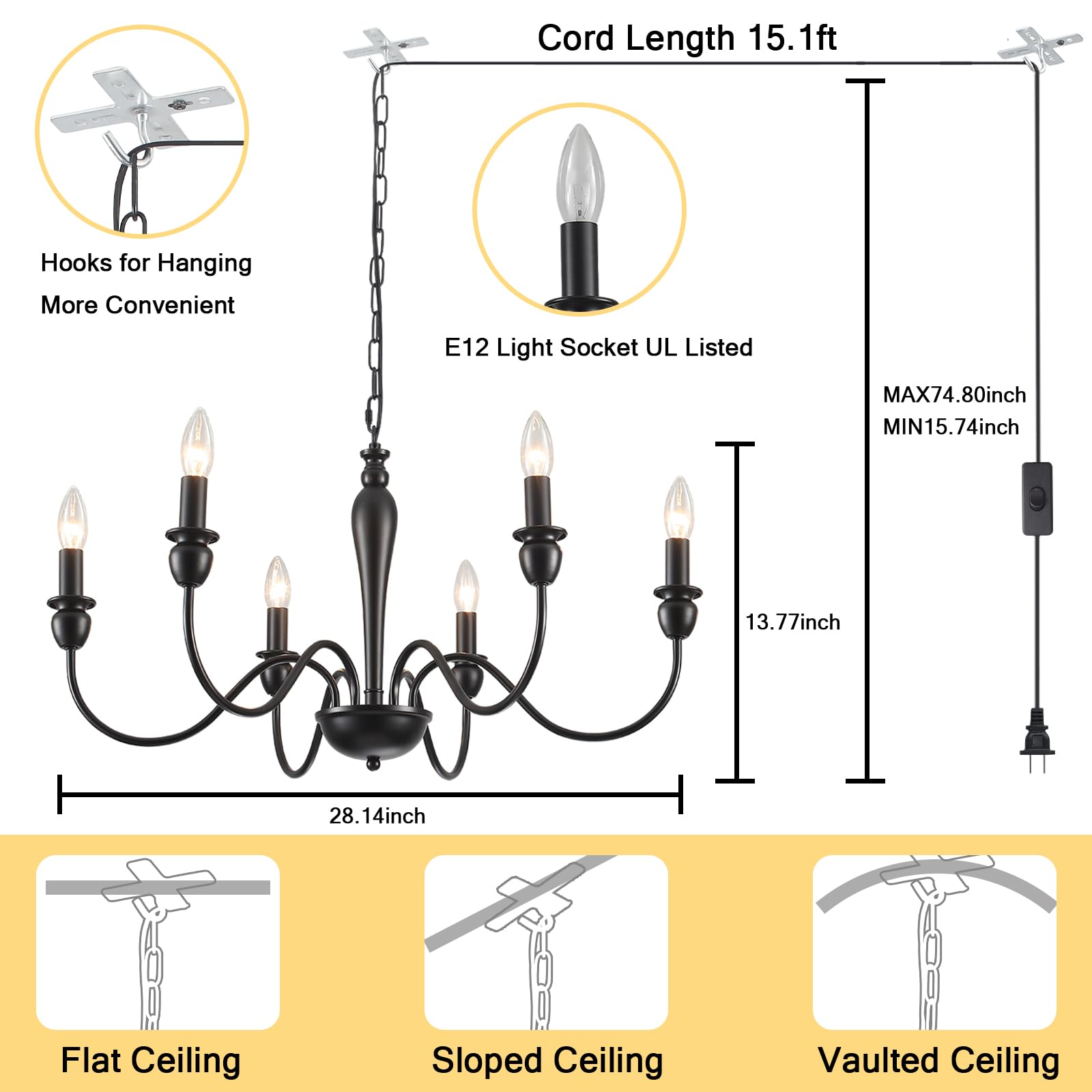Lxwnyy Plug In Chandelier With Long Cord 15.1Ft, 6 Lights Farmhouse Light Fixtures Hanging Lights With Plug In Cord, Black Plug