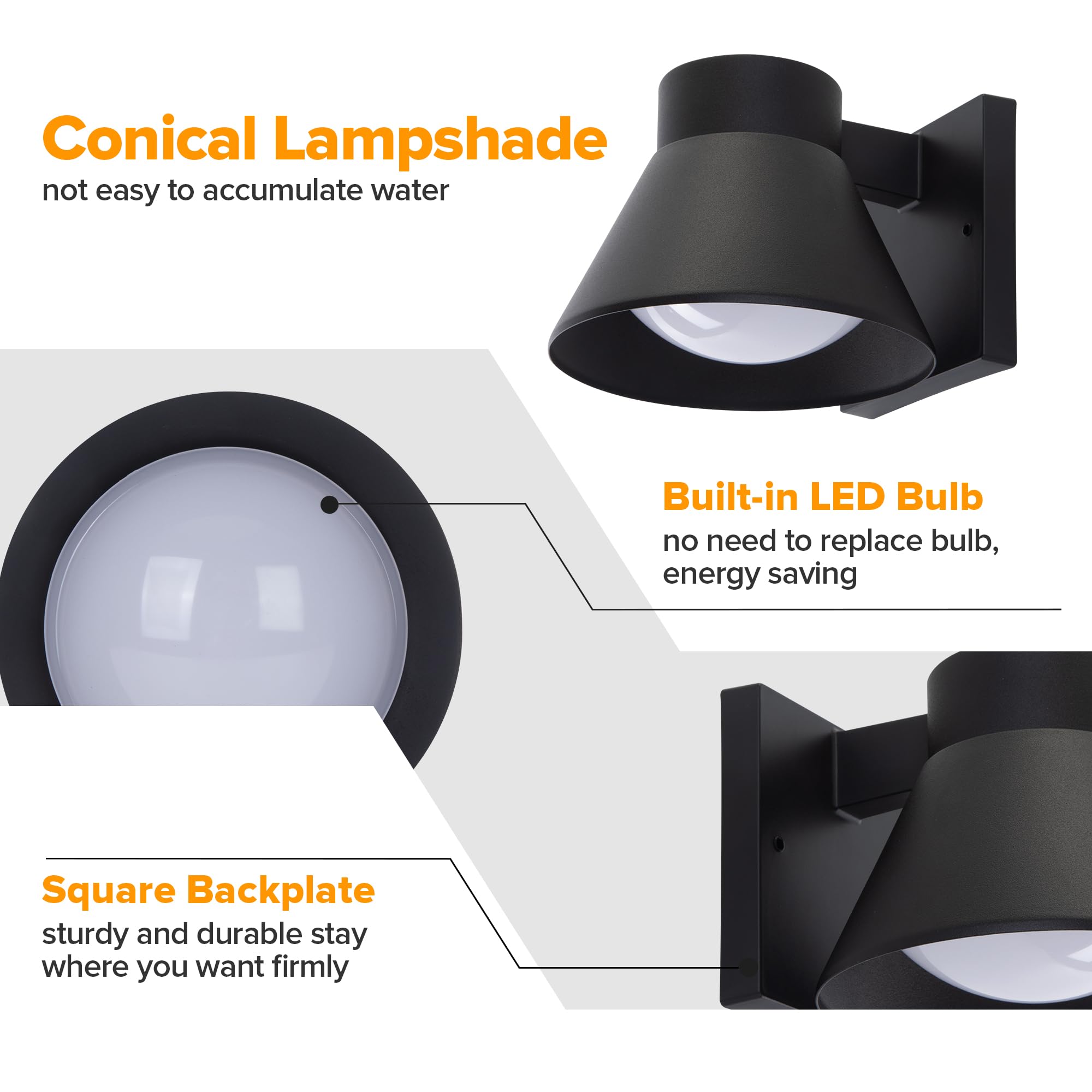UME 2 Pack LED Outdoor Wall Lanterns, Dusk to Dawn, Waterproof Sconces, Black, Model 5288503012