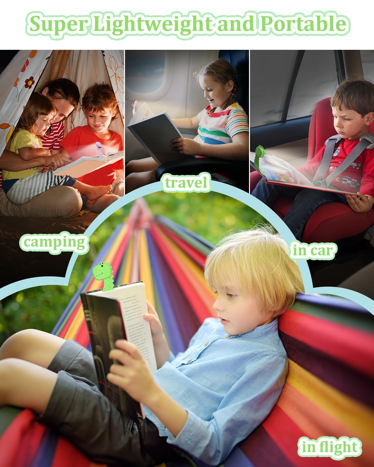 EastPin Dinosaur Book Light for Kids, Green, Model BMC-BL-DNS3, Cute Bookmarks, Perfect Stocking Stuffer for Boys 3-8 Years Old