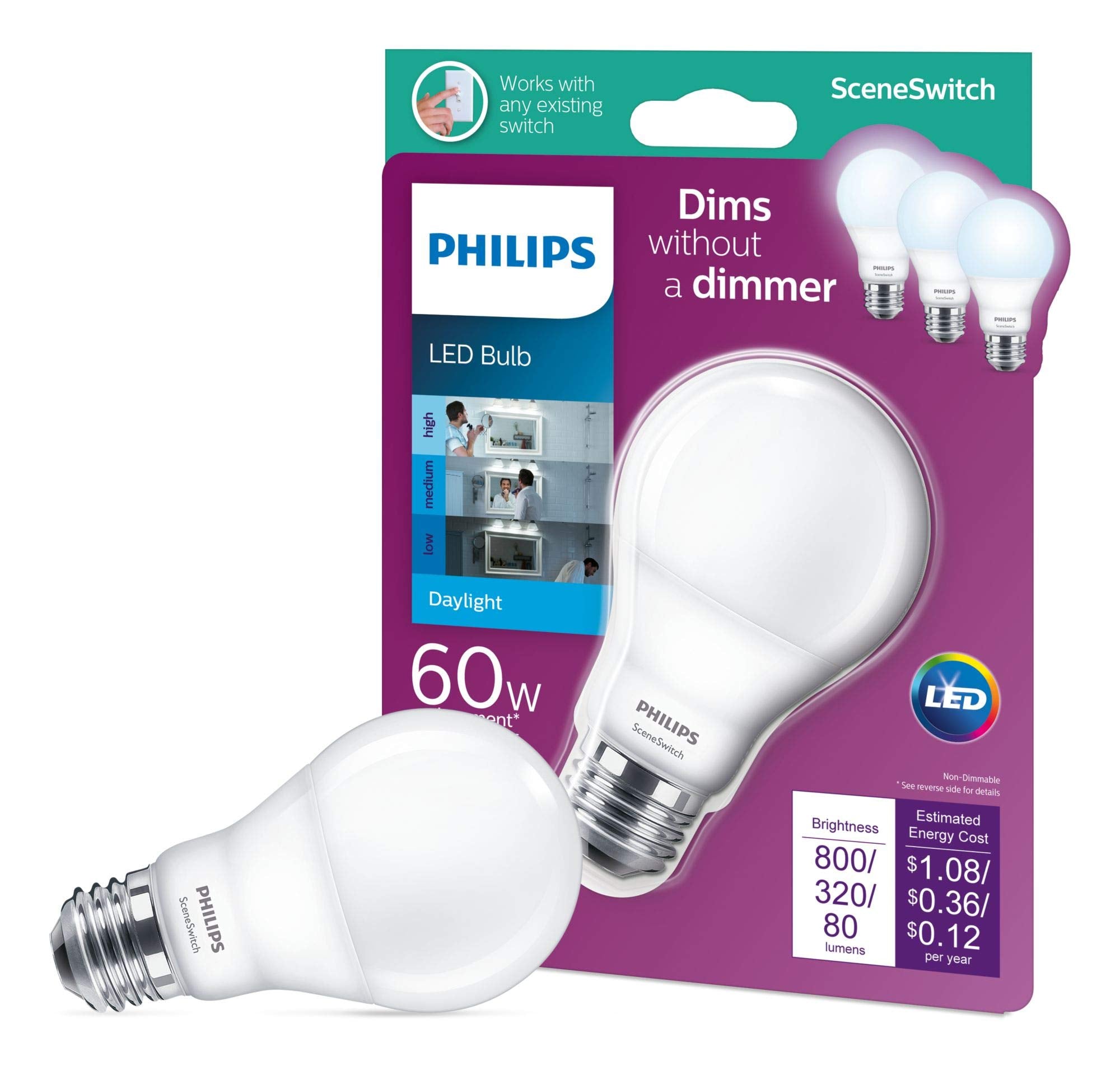 Philips Led Frosted Non-Dimmable Scene Switch A19 Light Bulb - Eyecomfort Flicker Free - 9W = 60W - 800/320/80 Lumen - Daylight