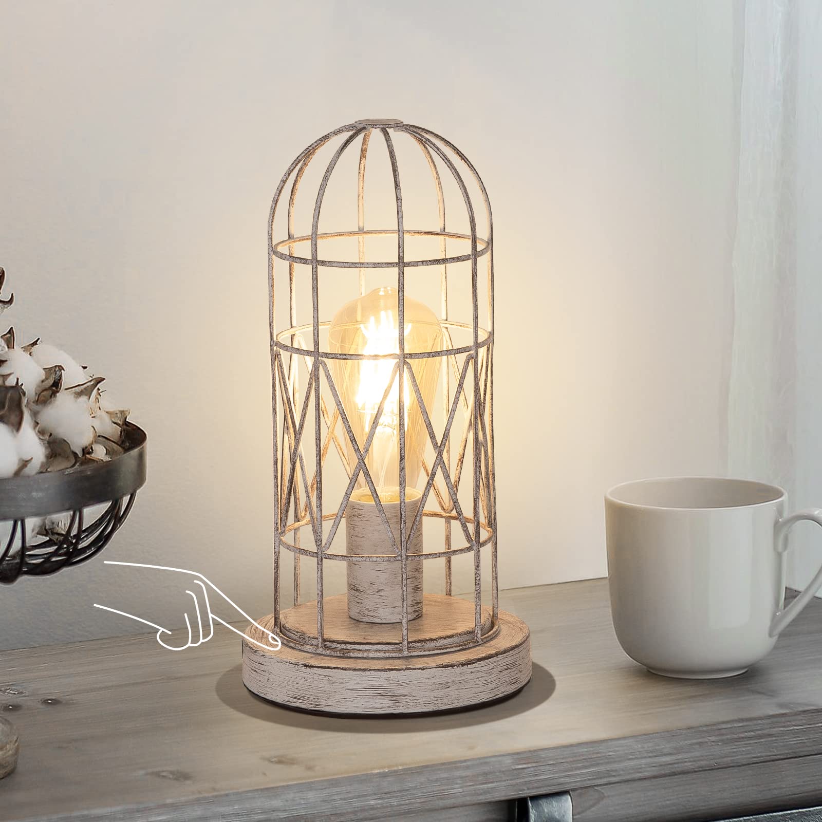 Small Table Lamp, Touch Control Table Lamp with Brushed White Oak Cage, Farmhouse Bedside Lamp 3-Way Dimmable Nightstand Lamp Ed