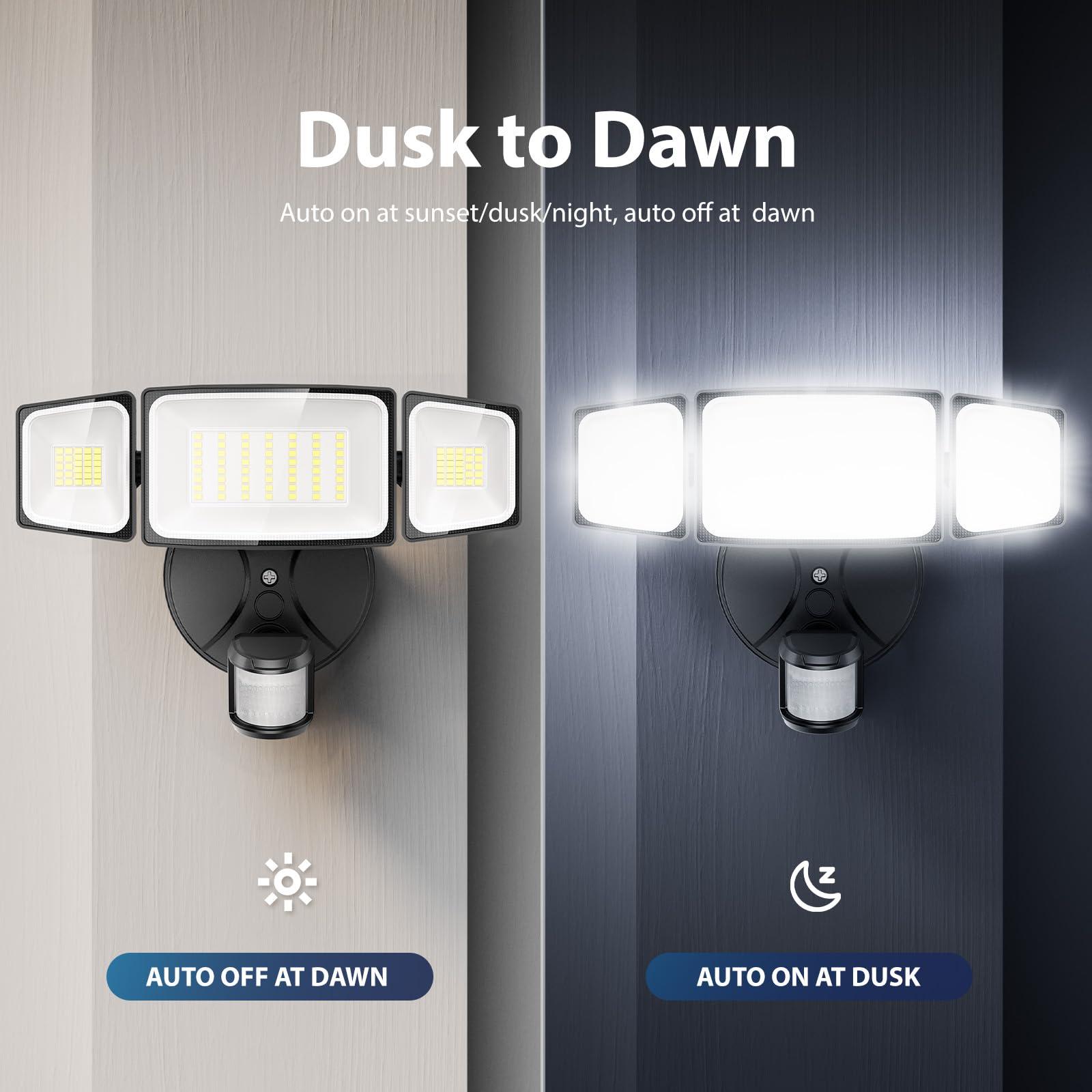 Onforu 65W LED Security Light - Motion Sensor, 6500LM, IP65 Waterproof, 3-Head Adjustable, Black, Model BDB65G-3