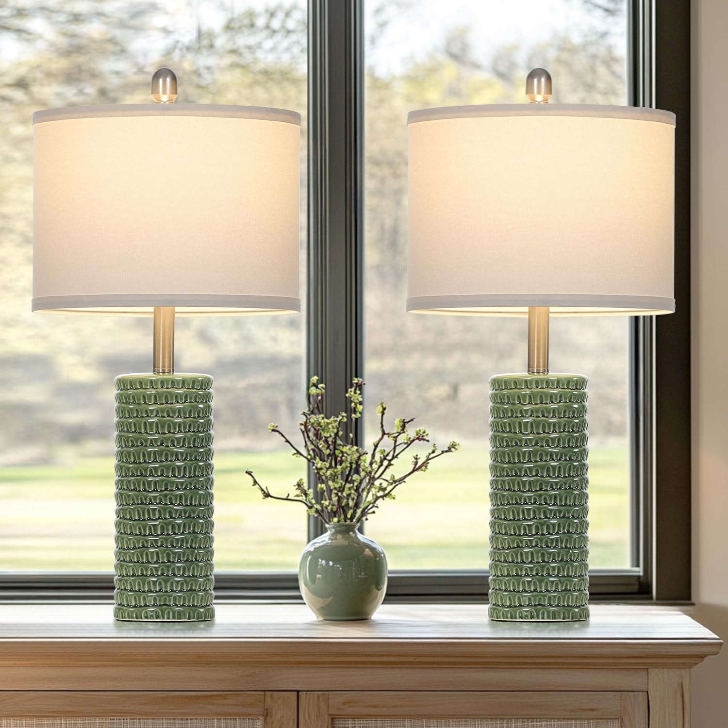 Cinyirong 24.5 Green Ceramic Table Lamps Set of 2, Farmhouse Table Lamps for Living Room, Modern Lamps for Bedroom Night Stands,