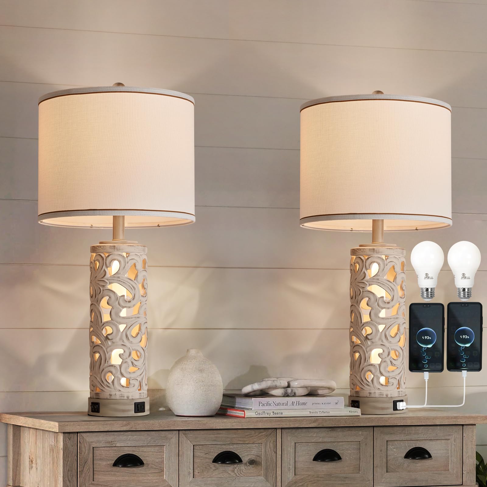Aidenoey 28&quot; Farmhouse Table Lamps Set Of 2 With Usb Ports & Night Light, White Ceramic