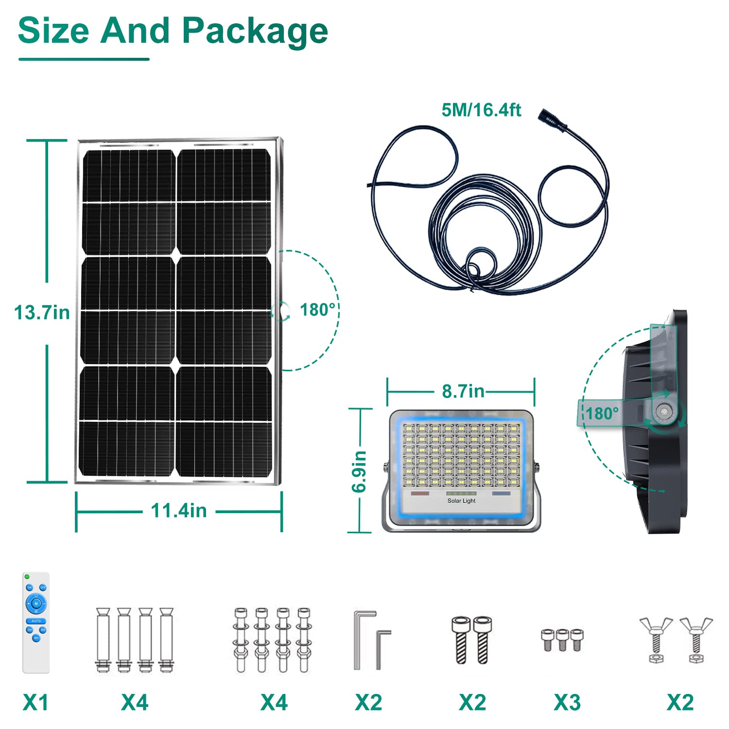 Gebosun 2-Pack 100W Led Solar Flood Light, Remote Controlled, Dusk To Dawn, 13,000Lumen, 6000K, Ip67 Waterproof, Wall-Mounted &