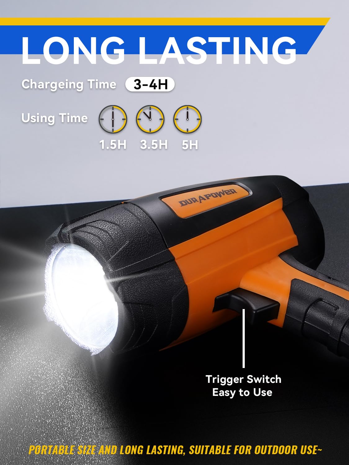 Durapower 60000 Lumens Rechargeable LED Spotlight, IP44 Waterproof, Handheld Flashlight, Orange, Model AM17-2203