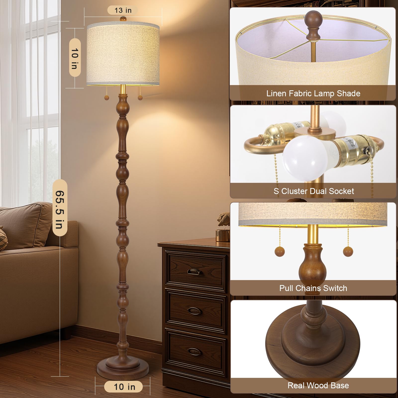 Scenekoy 65.5" Rustic Real Wood Floor Lamp with Linen Shade, Dark Brown, Model ZL012-BR, Perfect for Living Room, Bedroom, Office