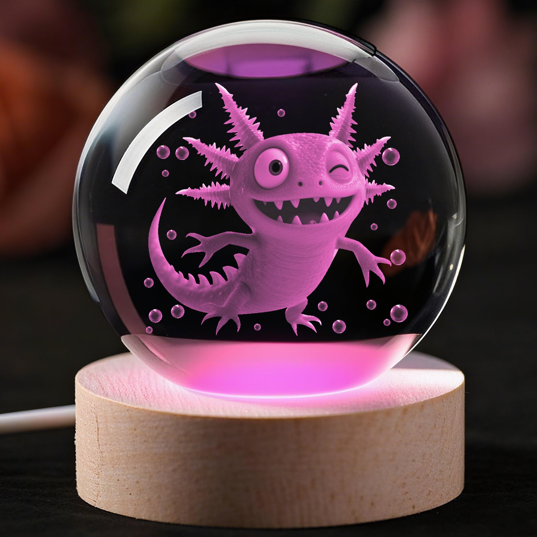 YouerCrystal Axolotl 3D Crystal Ball Night Light, 60mm, K9 Glass, Axolotl Color, Perfect for Kids Birthday Decor