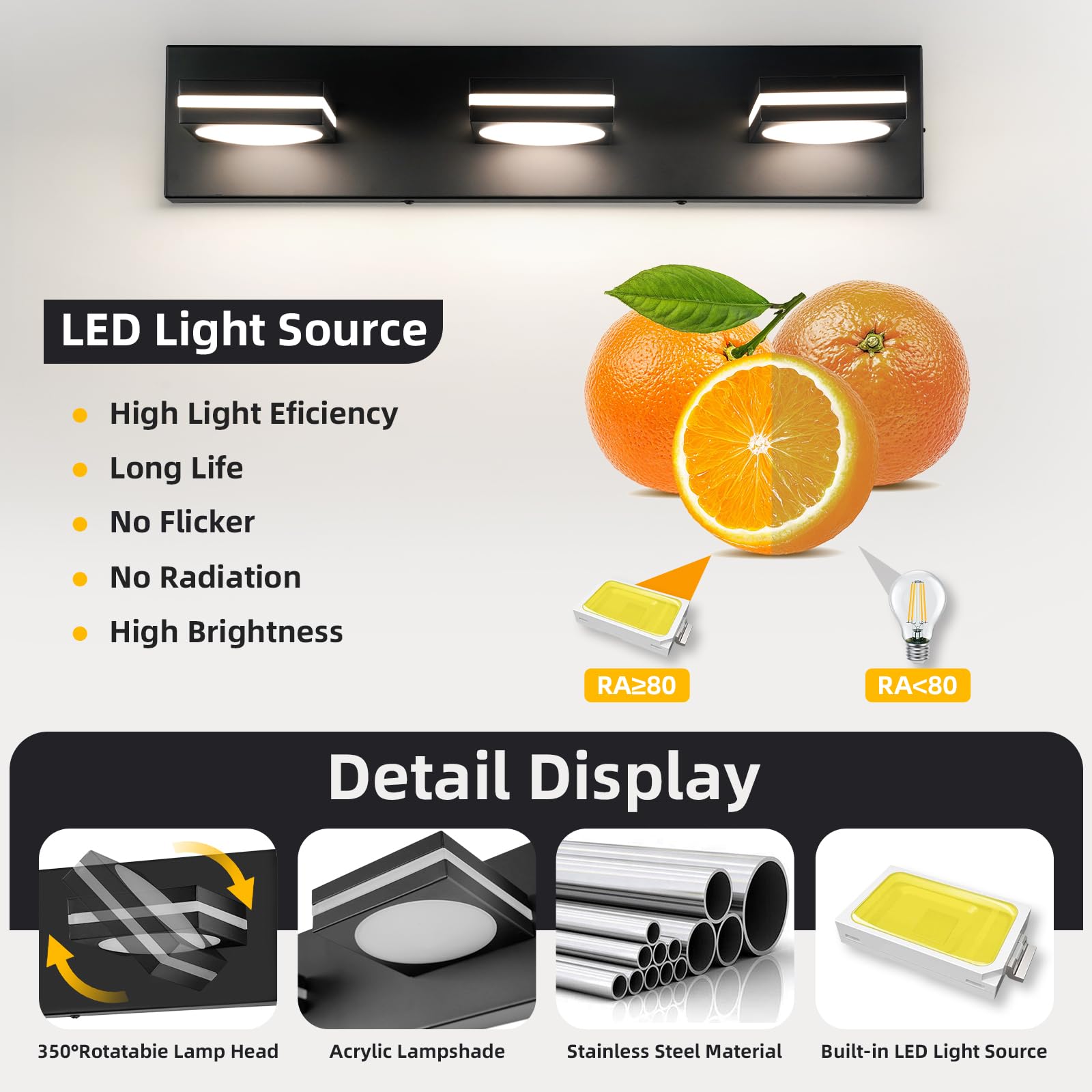 Okeli Bathroom Light Fixtures  Matte Black Vanity Light Modern Led Acrylic Lighting Fixtures  Bathroom Accessories Dimmer Lamps  3Cct  22-Inch