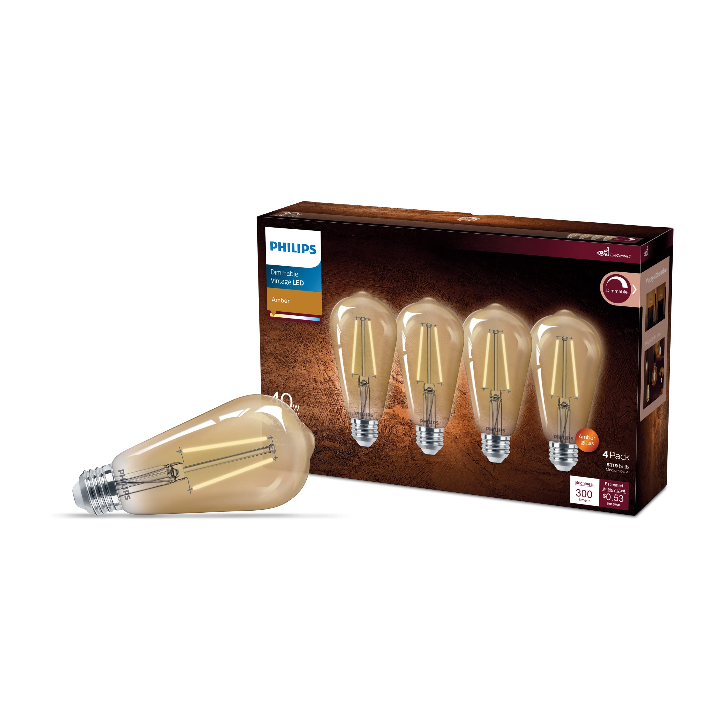 Philips LED Vintage ST19 Bulb, Amber 2000K, Dimmable, 300 Lumen, 4 Pack, Glass