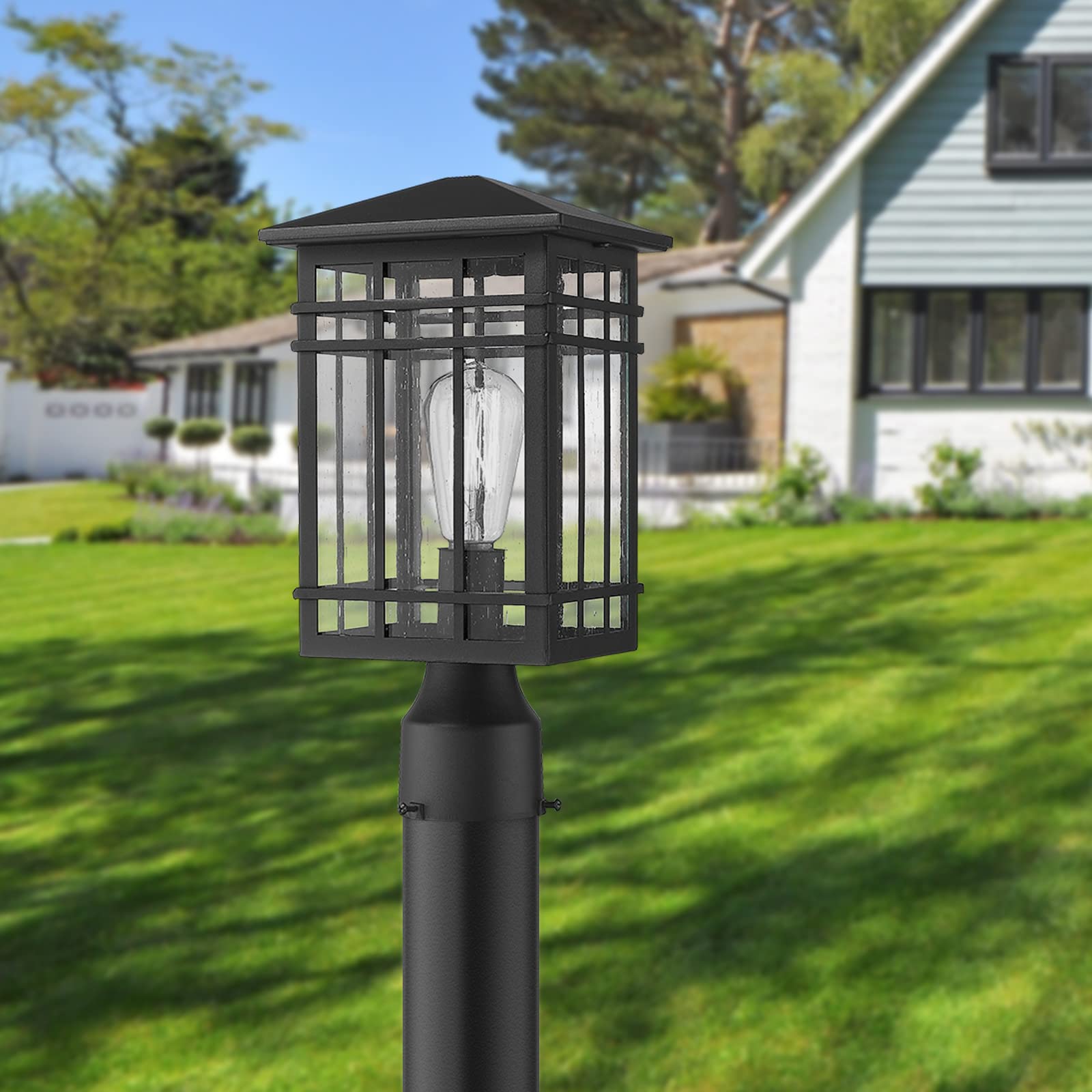 Rosient Outdoor Post Lights Fixture - Exterior Post Lantern with Seeded Glass in Black Finish - Pillar Light Ideal for Patio, Pa