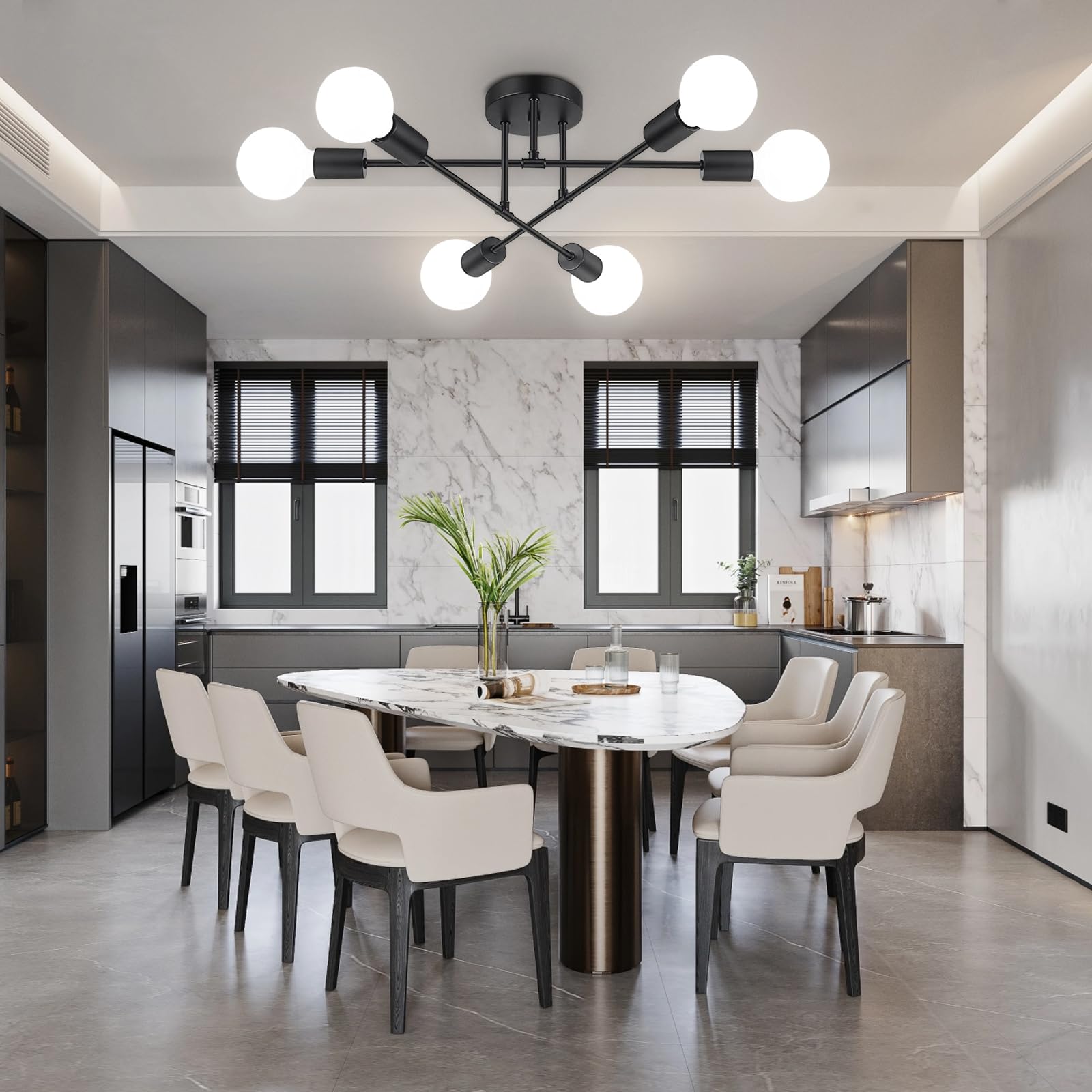 Maichixin 6-Light Ceiling Light Chandelier, Modern Metal Fixture, Black, Semi Flush Mount