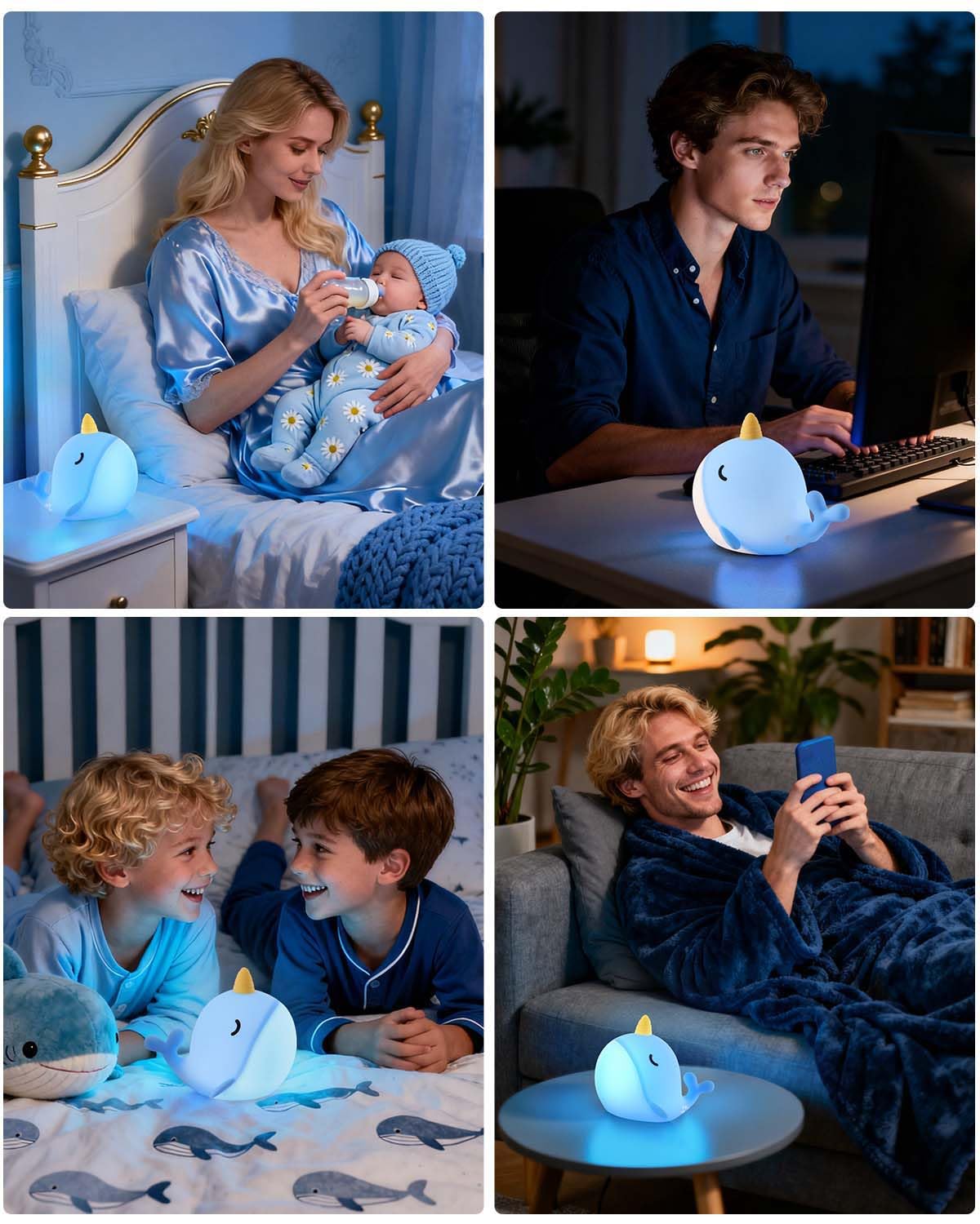 Fuloon Narwhal Night Light - Squishy Silicone Kids Lamp, USB-C Rechargeable, Blue, Small, Model DH-BFLD30