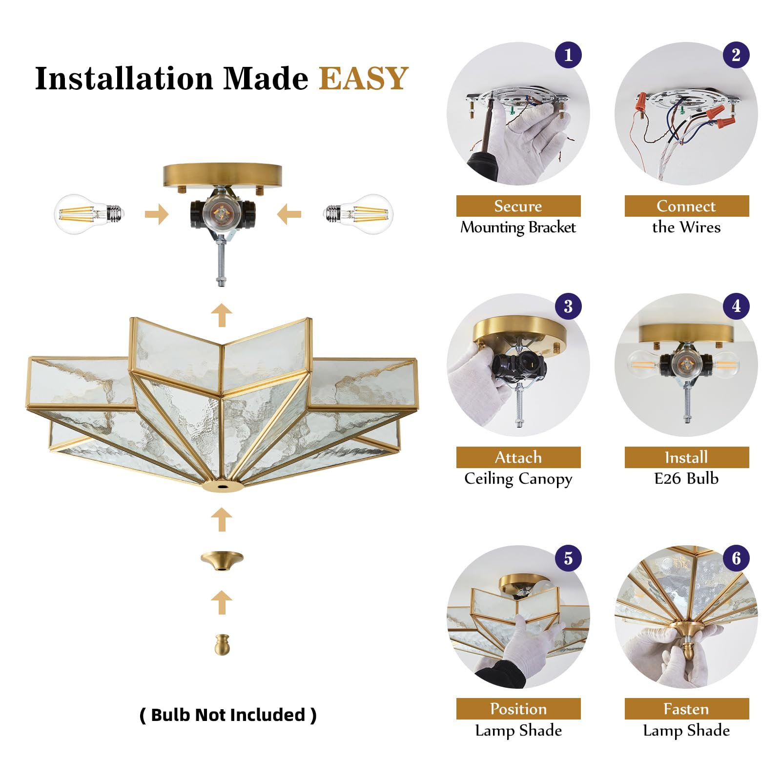 Brass Star Flush Ceiling Light - 19.5 Inch Gold Hammered Glass Large Mount Fixture - Art Deco Mid Century Vintage Modern Moravian Lighting Lights For Bedroom Dining Entryway Foyer Living Room Fixtures