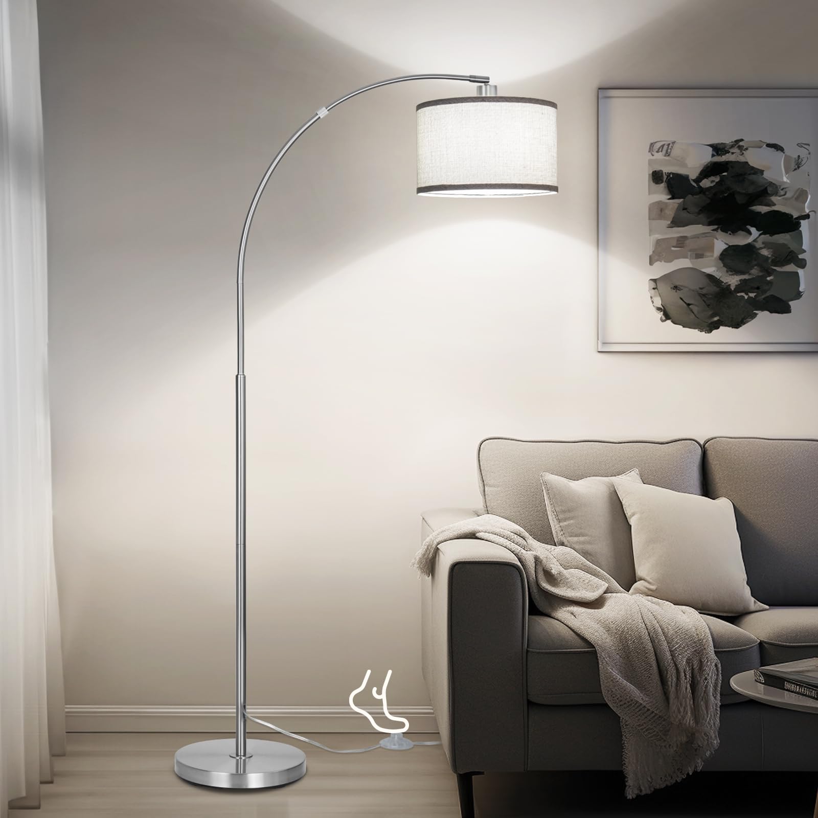 Silver Arc Floor Lamp for Living Room, Modern Standing Lamp with Adjustable Head Tall Pole Lamp with On/Off Pedal Switch Over Co