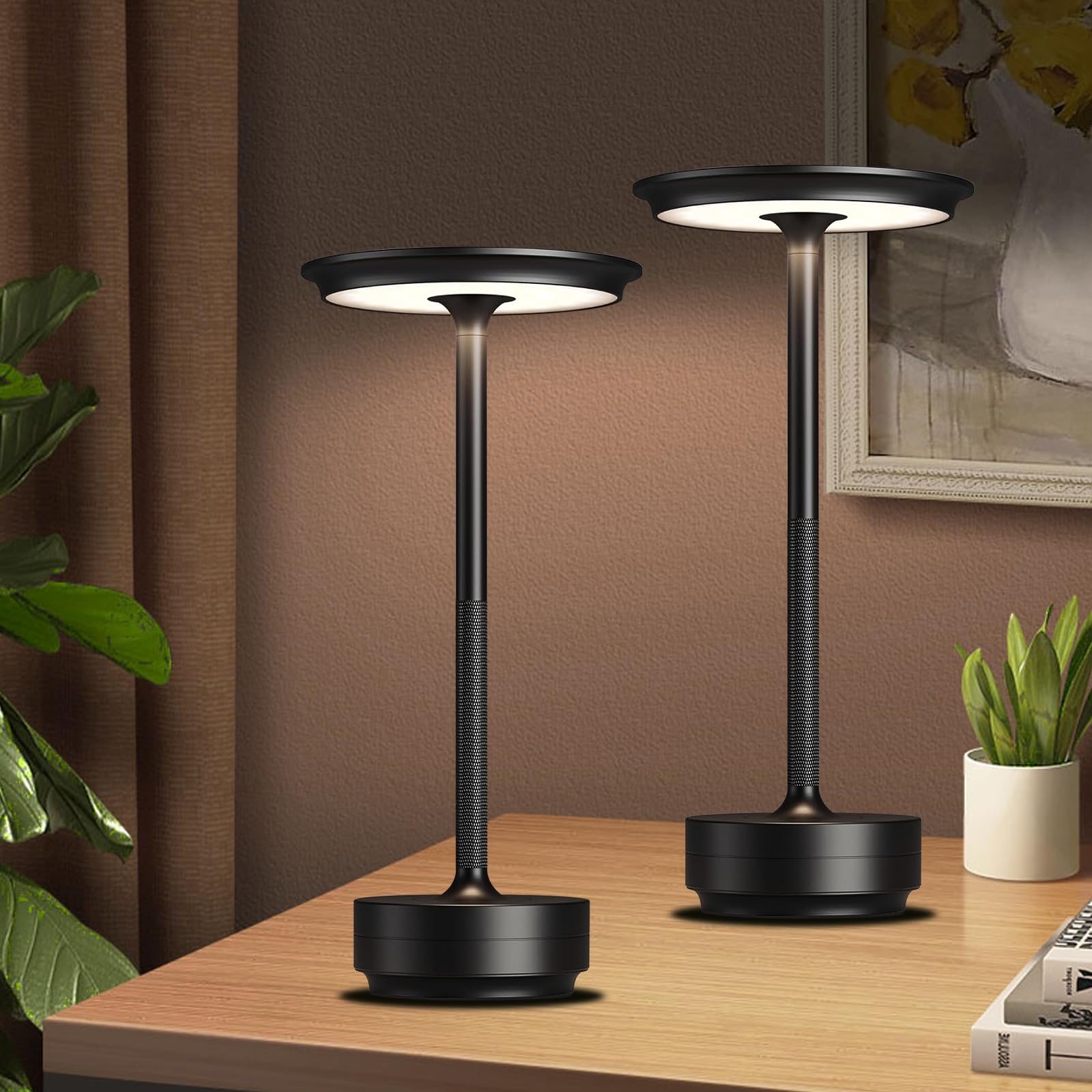 Jdvads Cordless Table Lamps 2 Pack, Rechargeable 5000mAh Battery, 3 Color Stepless Dimming, Black, Model AWK-TL006-BK-2P