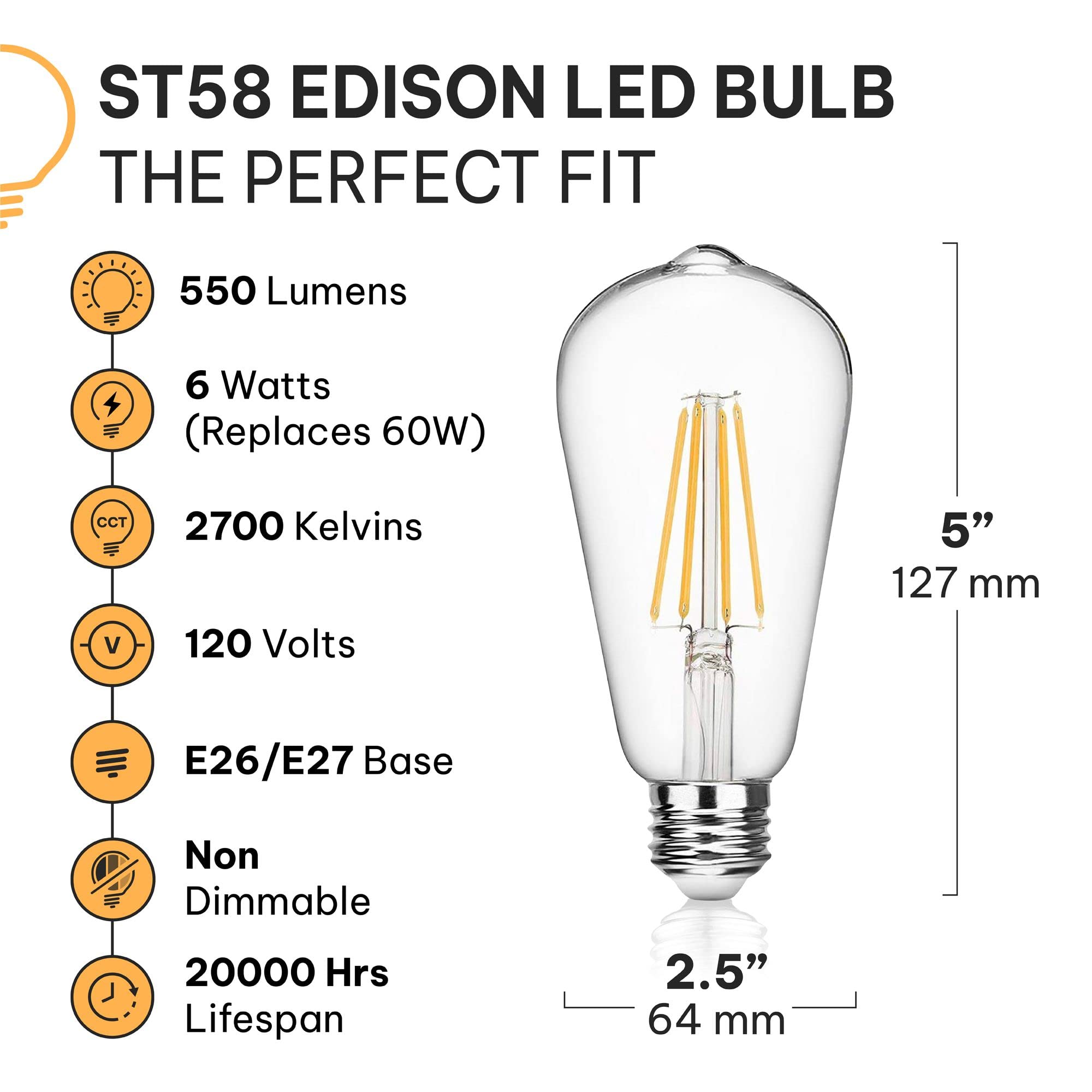 HUDSON BULB CO. Vintage Edison LED Light Bulbs 6W - 6 Pack, E26/E27 Base, 60W Equivalent, Soft White, Non-Dimmable, ST58