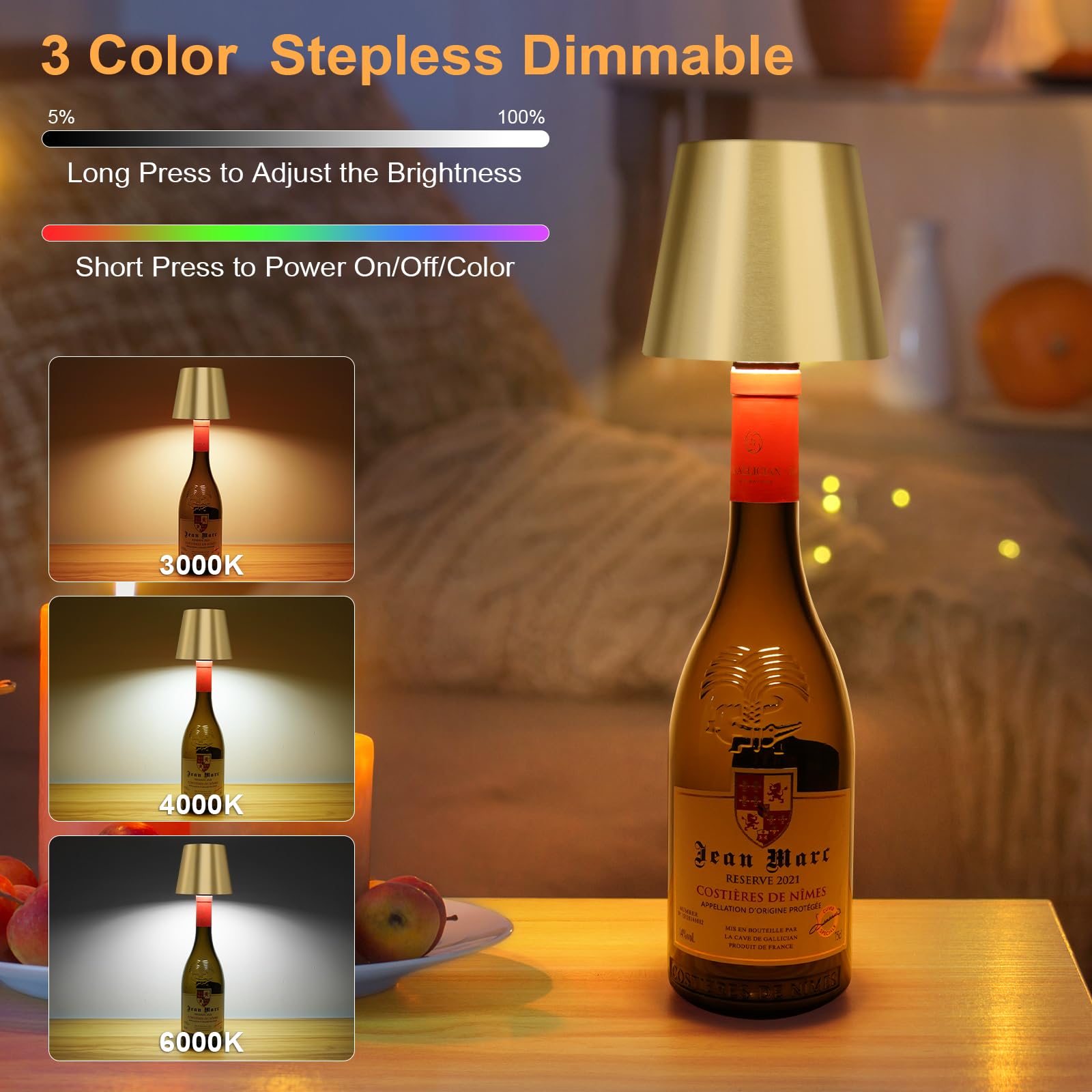 Dusktec Wireless Wine Bottle Lampshade, 8 Rgb Modes, Light Temperature 3000-6500K, Rechargeable Touch Wine Bottle Lamp, Portable
