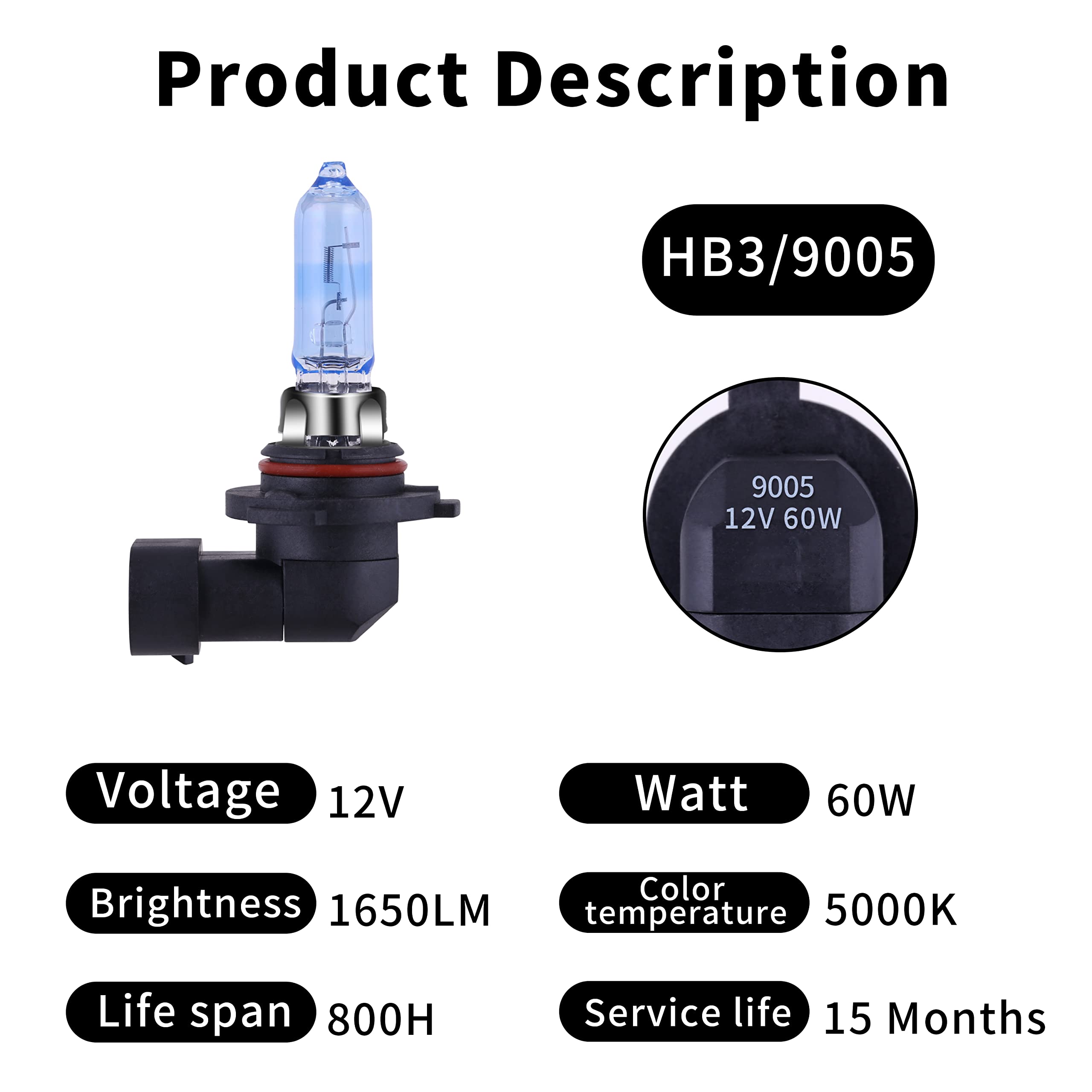 NEWBROWN 9005 HB3 Halogen Headlight Bulb - Super White Light, Long Life, 12V/60W, Glass, 2 Pack
