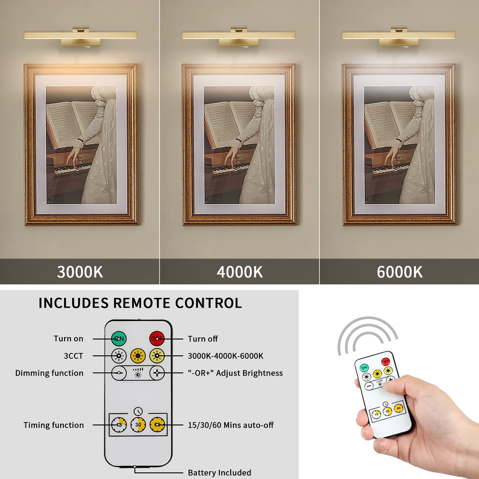 Joosenhouse Wireless Picture Light, Dimmable Gold 15.75&quot; Wall Light With Remote & Timer