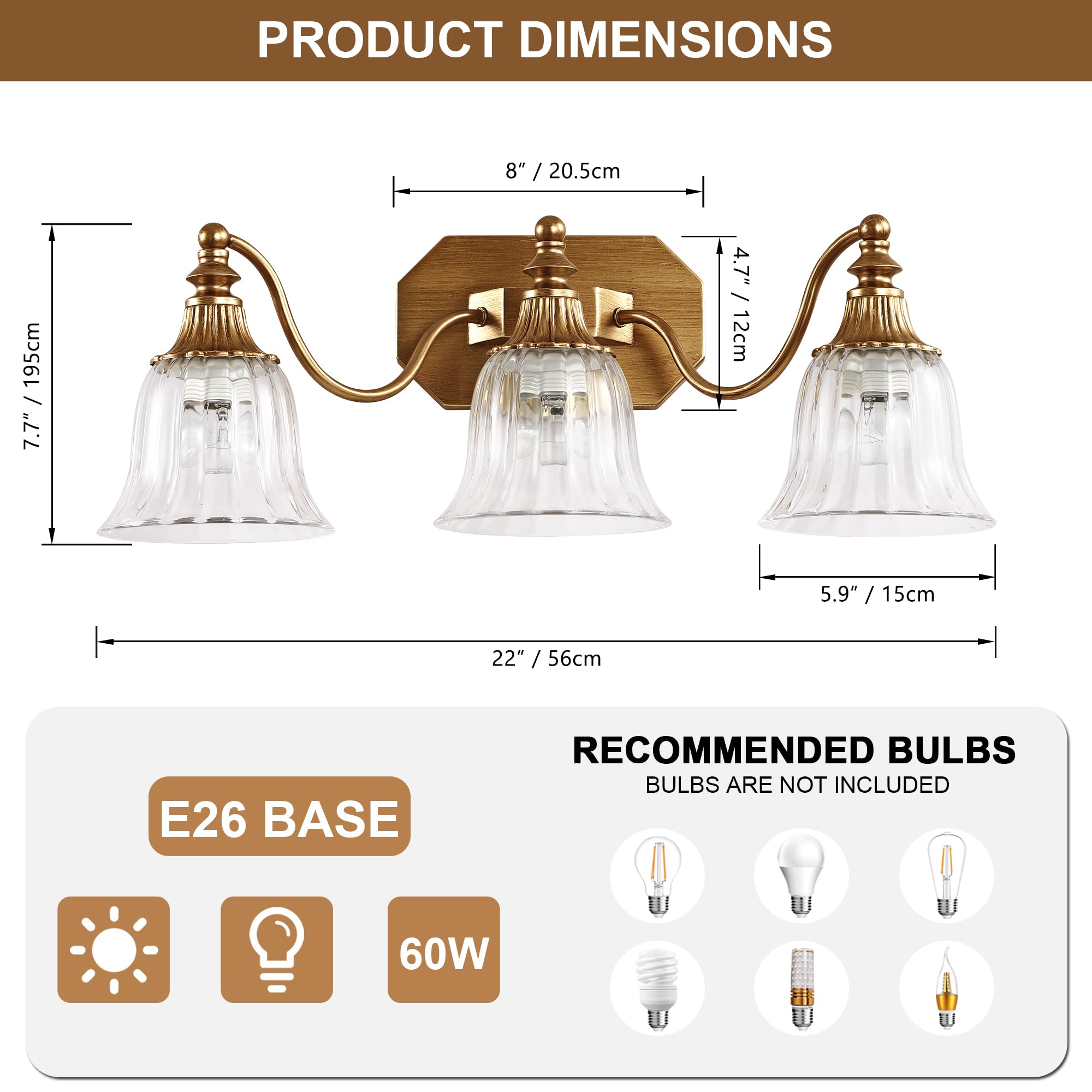 DvmTeom 3-Light Vintage Bathroom Vanity Light Fixture, Antique Brushed Gold with Crystal Glass Shade, Model D6001