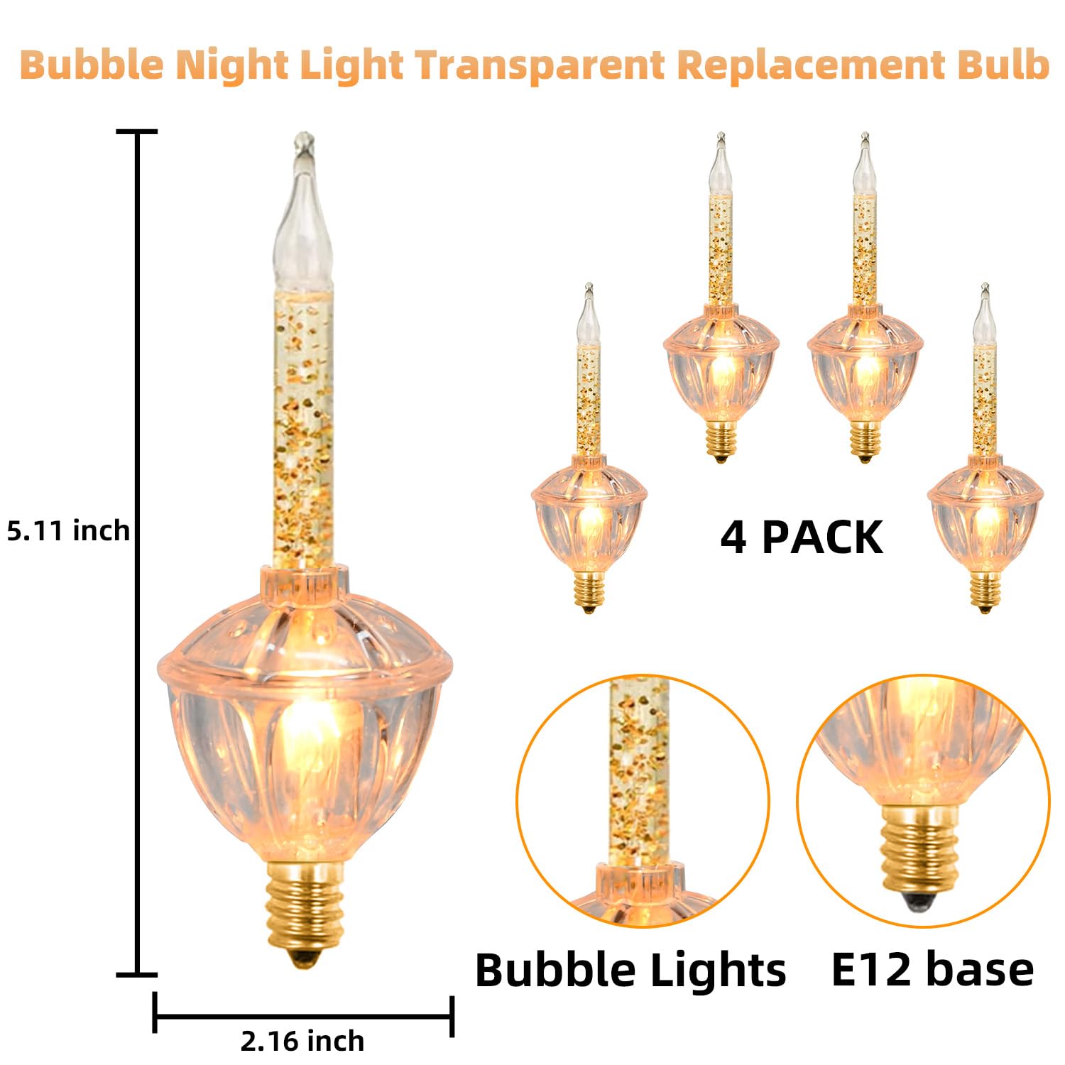 Sotopoo 4 Pack Vintage Christmas Clear Bubble Bulbs Replacement With Golden Glitter, For Christmas Tree Lights Replacement Bulbs