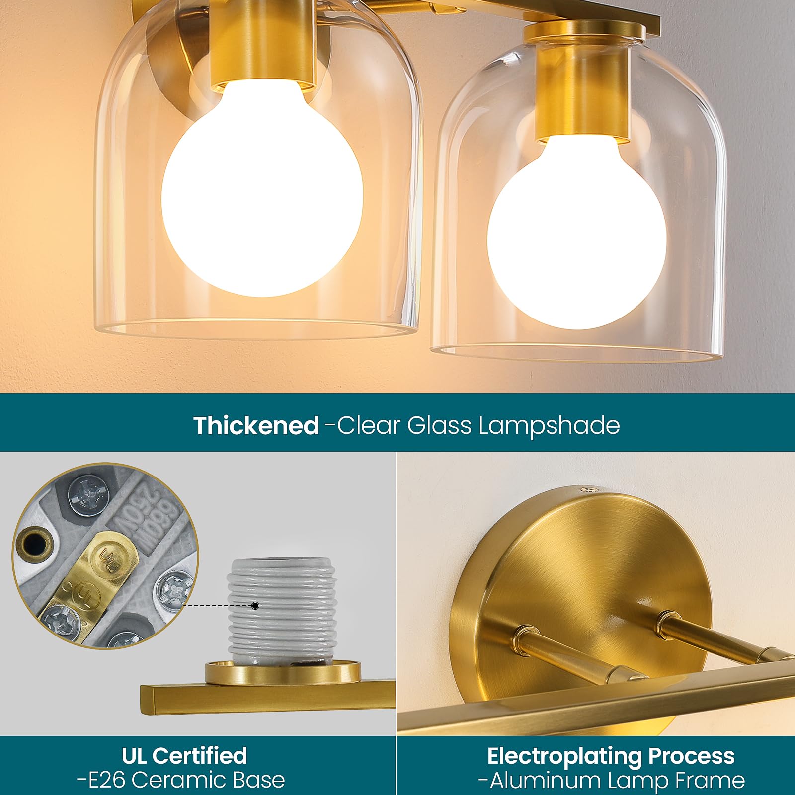WOSHITU 2-Light Bathroom Vanity Light Fixtures, Brushed Gold, Modern Design, 14.2 Inch Clear Glass Shade, Model 8202