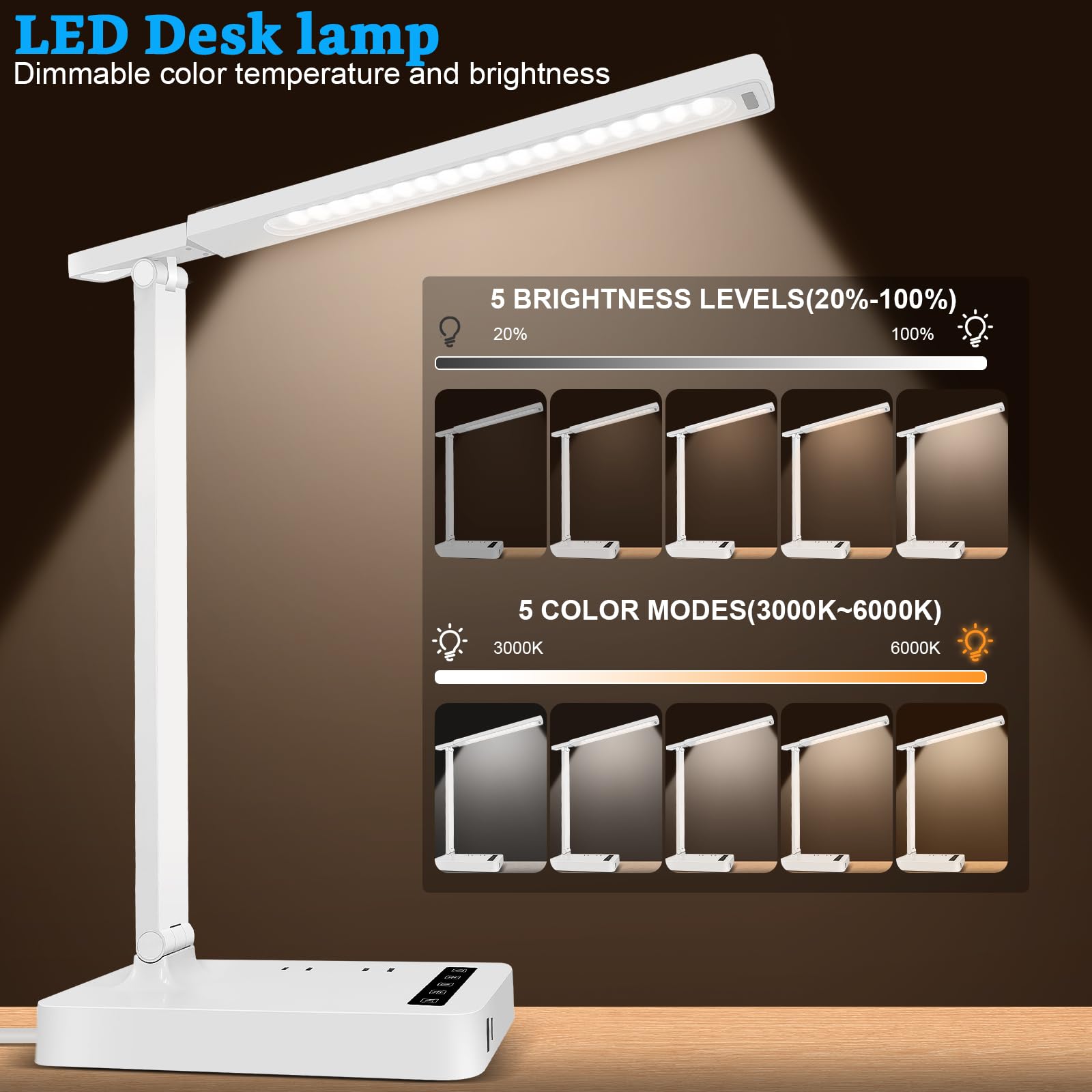 snsok Smart Desk Lamp with 4-in-1 Charging Station, 5 Color Temps, Adjustable Gooseneck, Tall 16.73" White, Model TX26C