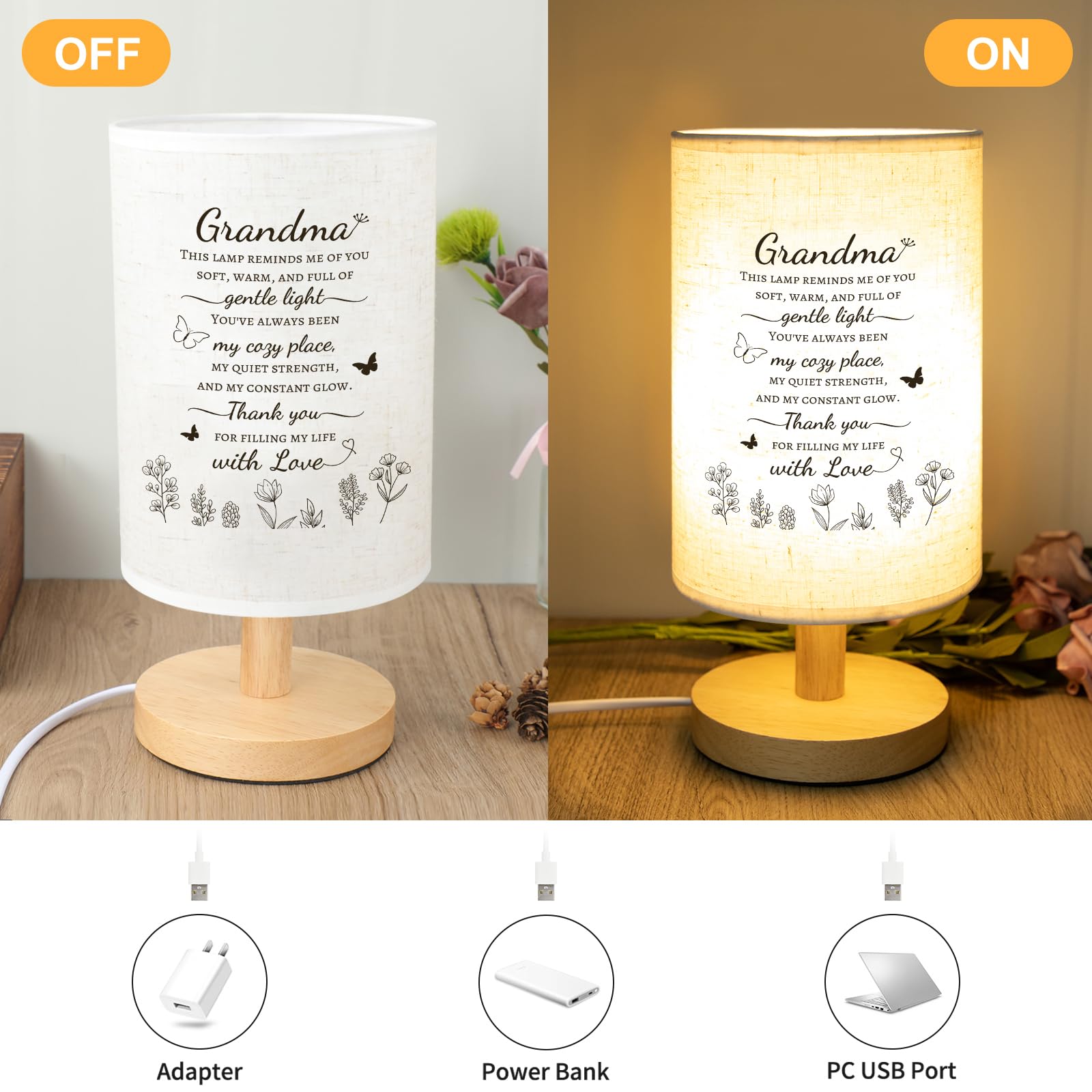 Calibron Fabric Table Lamp for Grandma - White, Wooden Stand, Model: Grandma