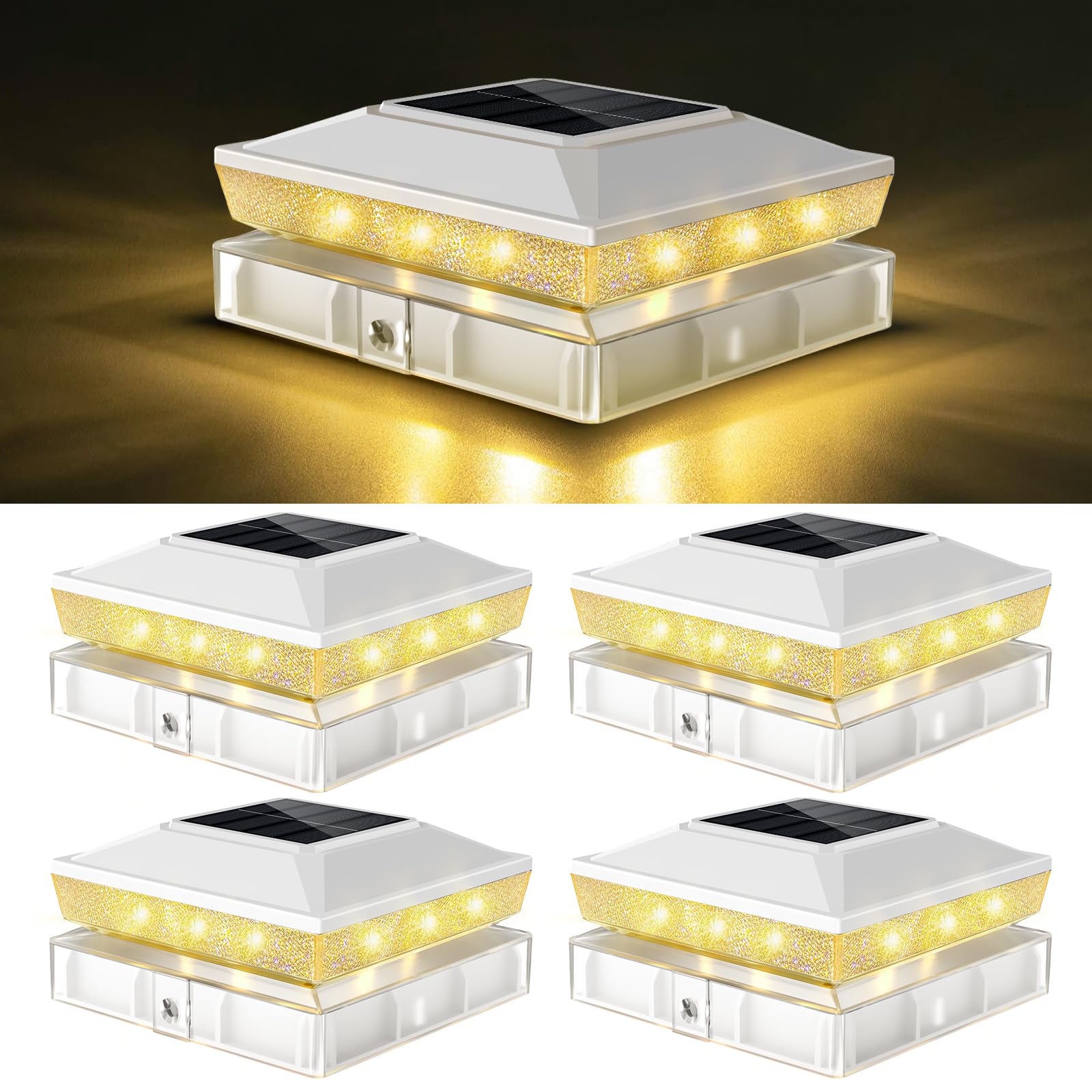 vighep 4Pack Solar Post Cap Lights, Fits 4x4 & 3.5x3.5 Vinyl & Wood Posts, 2 Lighting Modes (Warm/Cool White), Dusk to Dawn, Wat