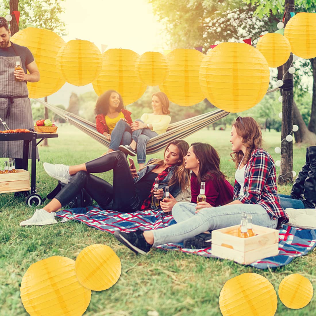 Famolay Yellow Paper Lanterns 12 Pcs Assorted Size Of 6'' 8'' 10'' 12'' Chinese Round Paper Hanging Decorations Ball Lanterns La