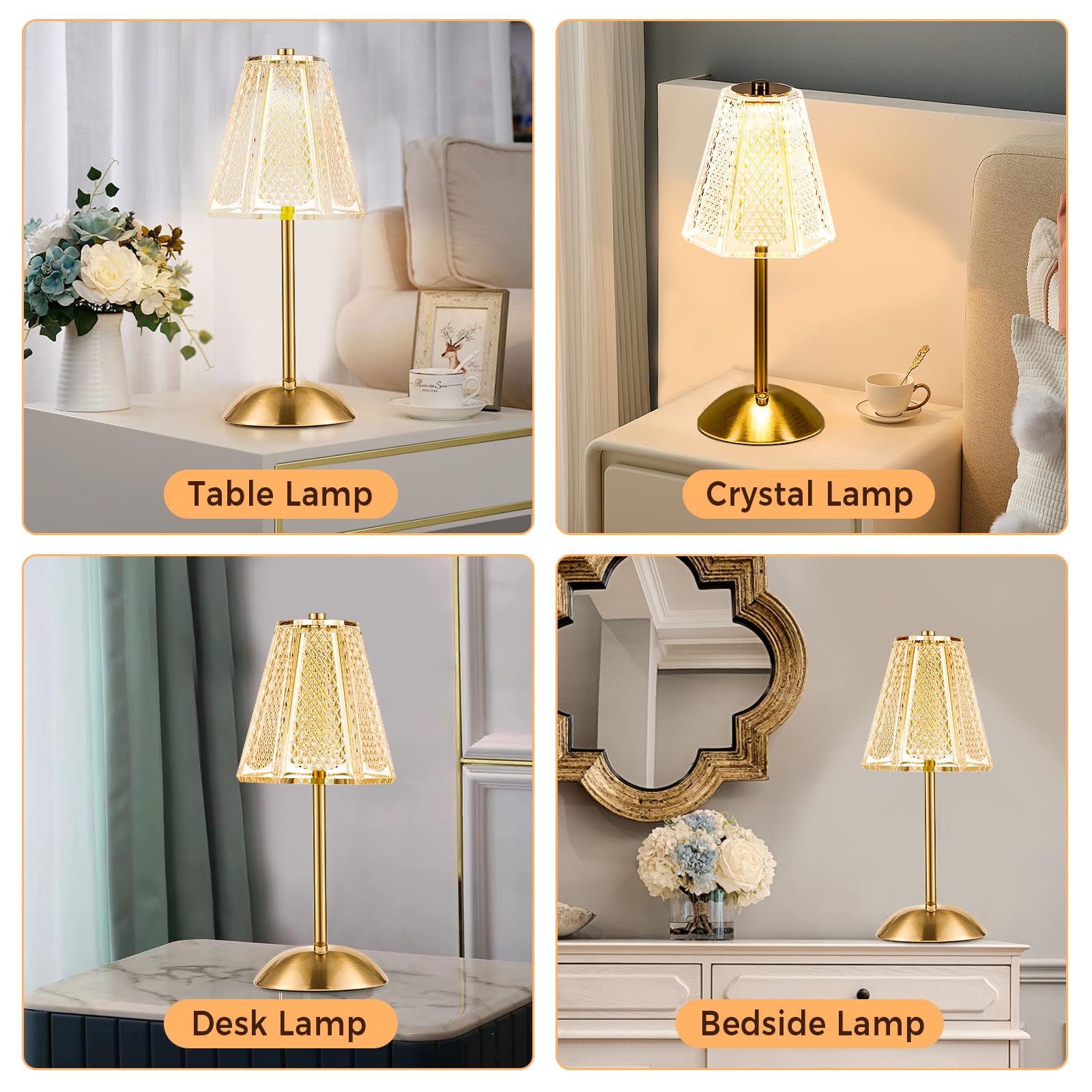 Hapygi Portable Battery Operated Led Table Lamp With Touch Sensor, Gold Cordless Brass Rechargeable Bedside Lamp/Night Light/Res